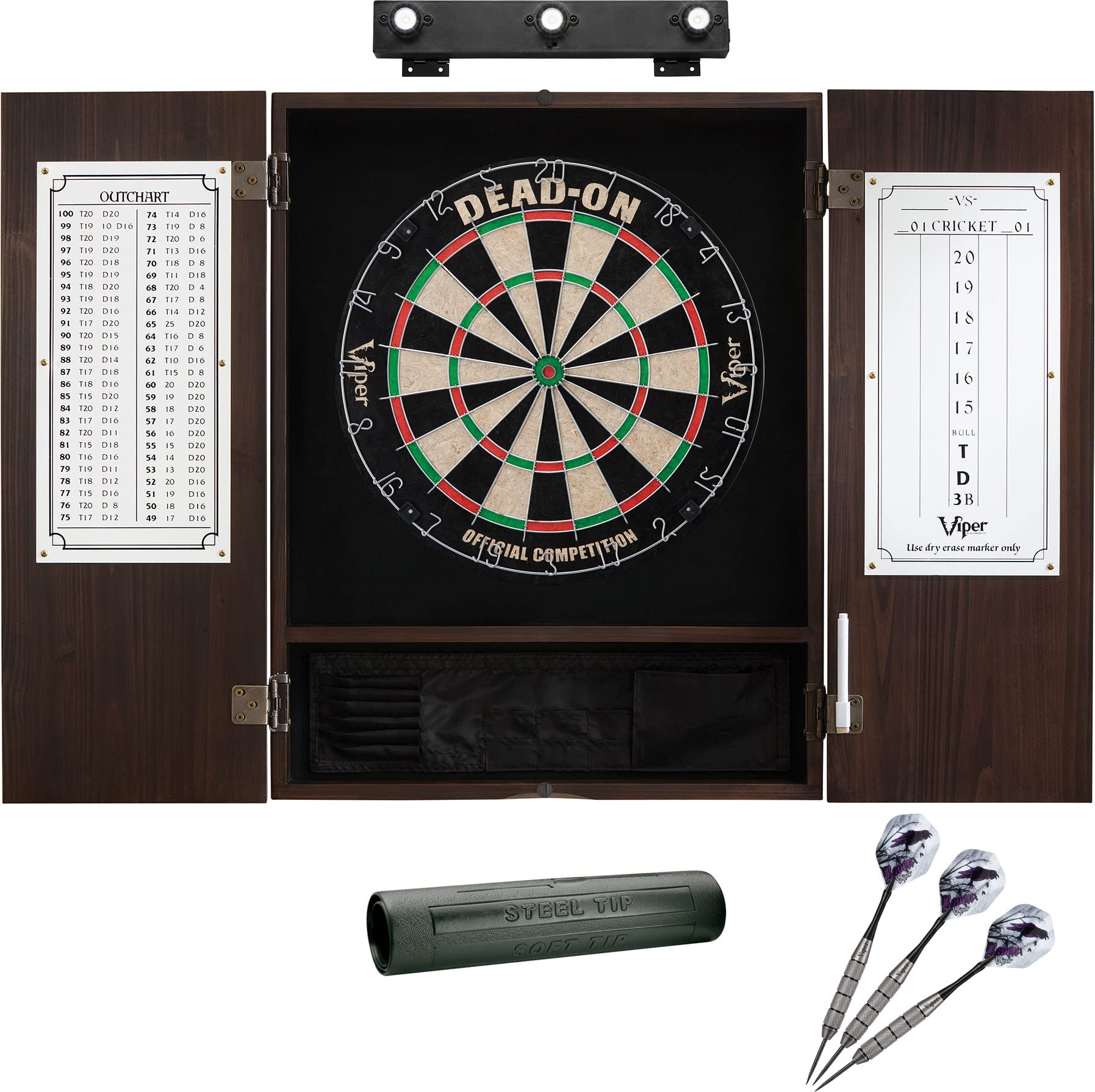 Premium Viper Dead On Professional Sisal Dartboard with Metropolitan Espresso Cabinet - Includes Shadow Buster LED Dartboard Lights & Padded Dart Mat for Home Game Room, Bar, or Office Entertainment