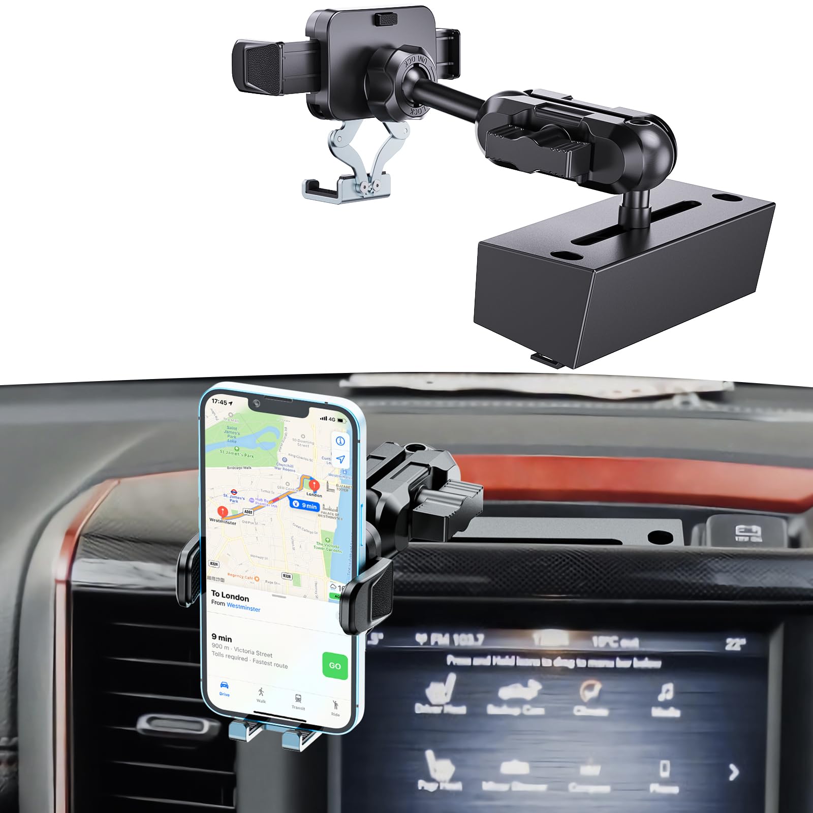 Upgraded Metal Phone Mount for Ram Truck 2019-2023 - Universal Dash Mount Cell Phone Holder Compatible with Dodge RAM 1500/2500/3500 & TRX Models - 360° Adjustable Car Phone Stand for iPhone, Samsung, Pixel - Perfect for GPS Navigation & Hands-Free Driving