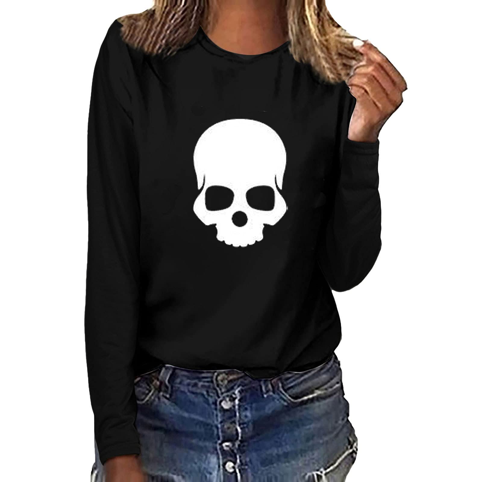 Women's Halloween Graphic Long Sleeve Crewneck T-Shirt | Glow in The Dark Loose Fit Tunic Top for Fall & Autumn | Perfect for Halloween Parties, Pumpkin Patch Visits & Spooky Season Outfits