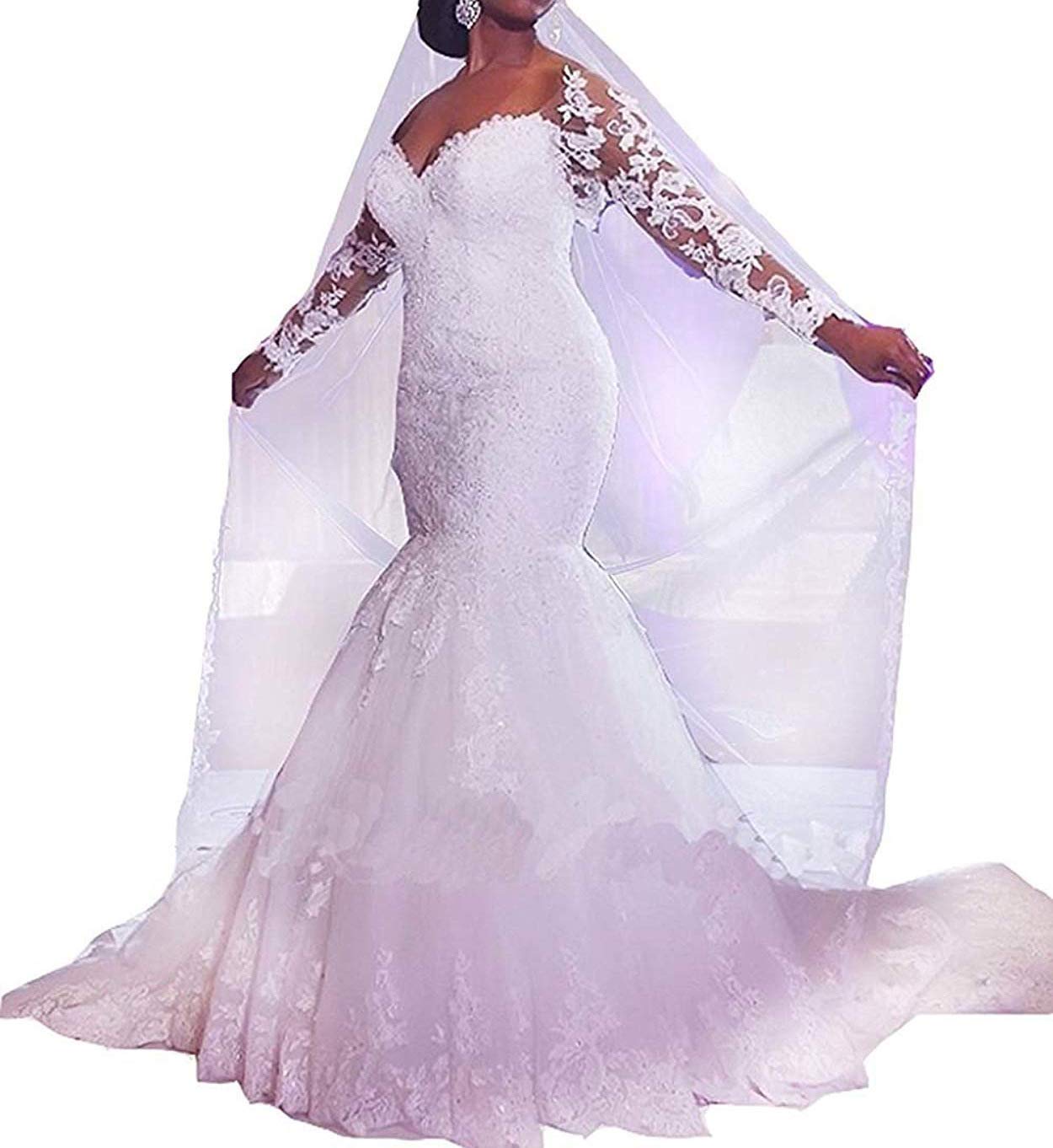 Elegant Long Sleeve Mermaid Wedding Dress with Tulle & Beaded Applique - Off Shoulder Bridal Gown with Train for Women | Perfect for Beach, Church, and Formal Weddings