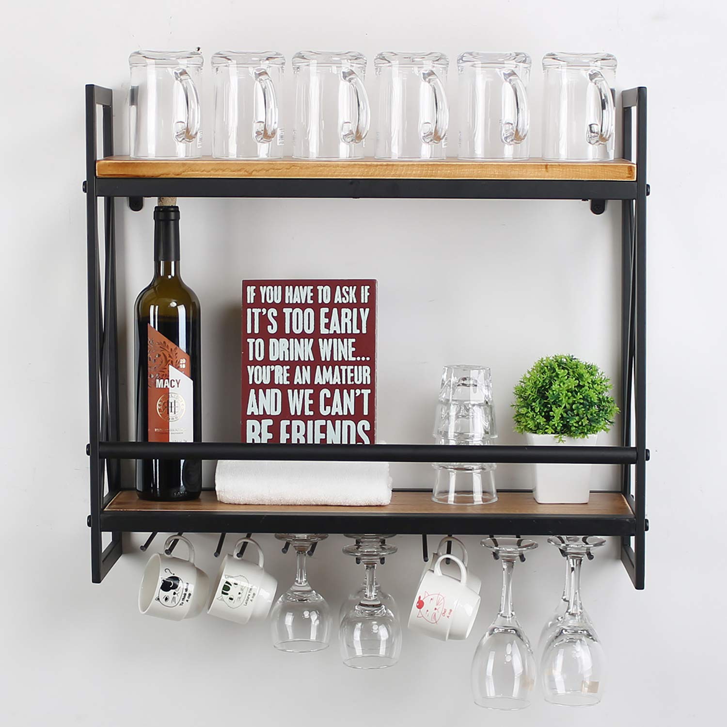 MBQQ Rustic Wall Mounted Wine Rack with 6 Stem Glass Holder - 23.6 Inch Industrial Metal Hanging Wine Storage - 2-Tier Wood Shelf Floating Shelves for Kitchen, Living Room & Home Decor - Perfect for Wine Display & Glass Organization