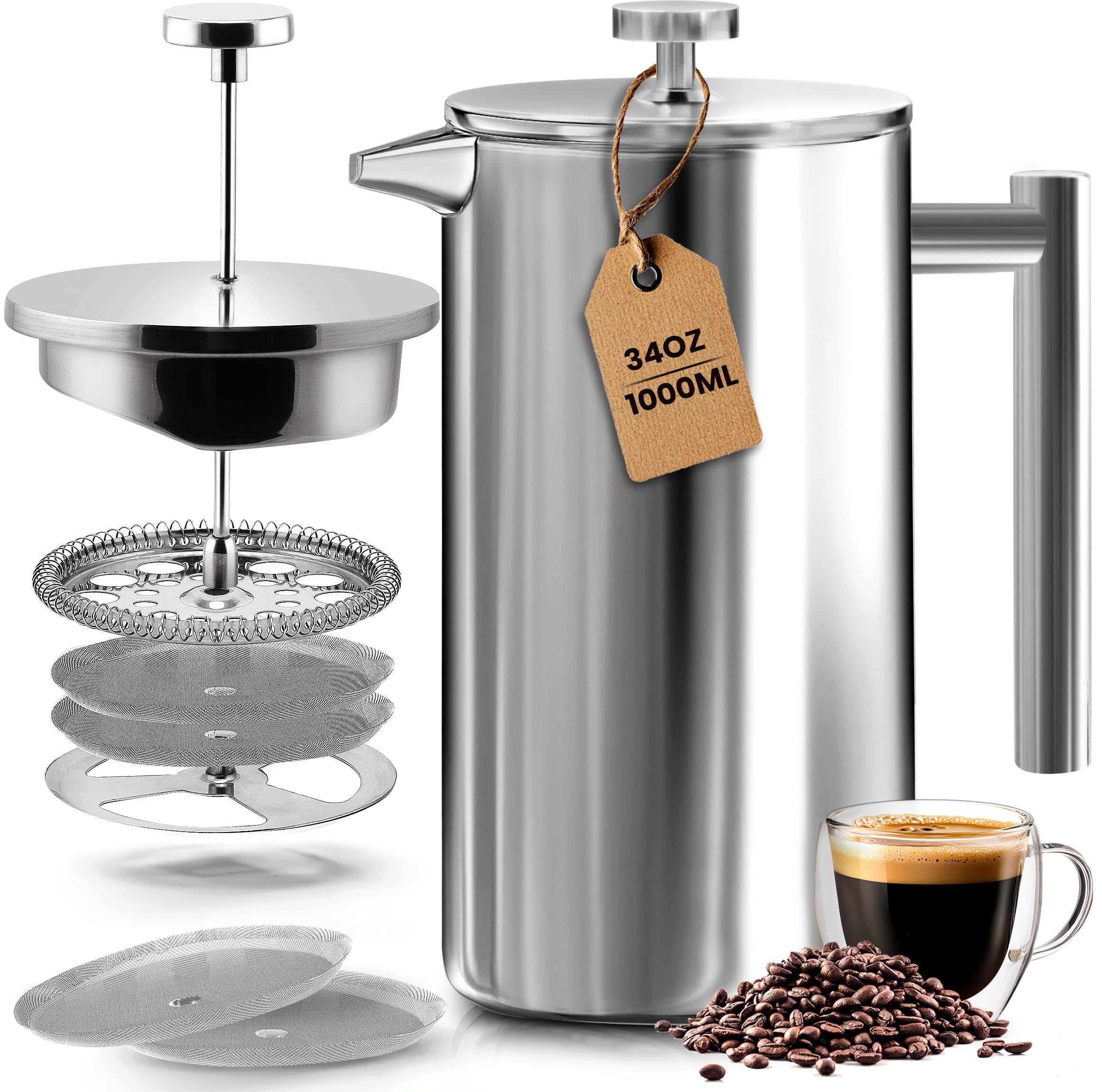 KICHLY 34oz Stainless Steel French Press Coffee Maker - Double Wall Insulated Coffee & Tea Maker with Stainless Steel Plunger - Keeps Hot for Hours - Perfect for Home, Office & Camping (Silver)