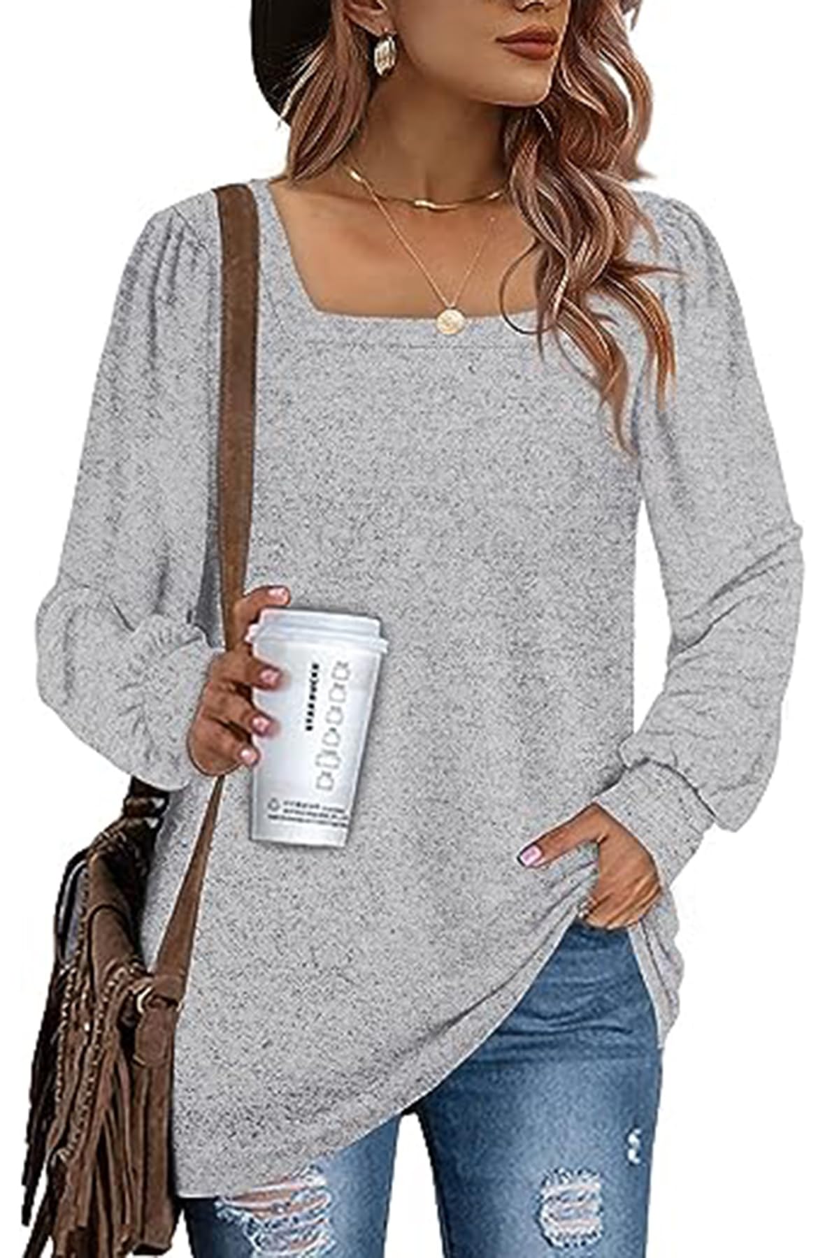 KINGFEN Women's Casual Long Sleeve Square Neck Tunic Top - Loose Fit Solid Blouse for Everyday Wear | Perfect for Work, Office, and Weekend Outfits