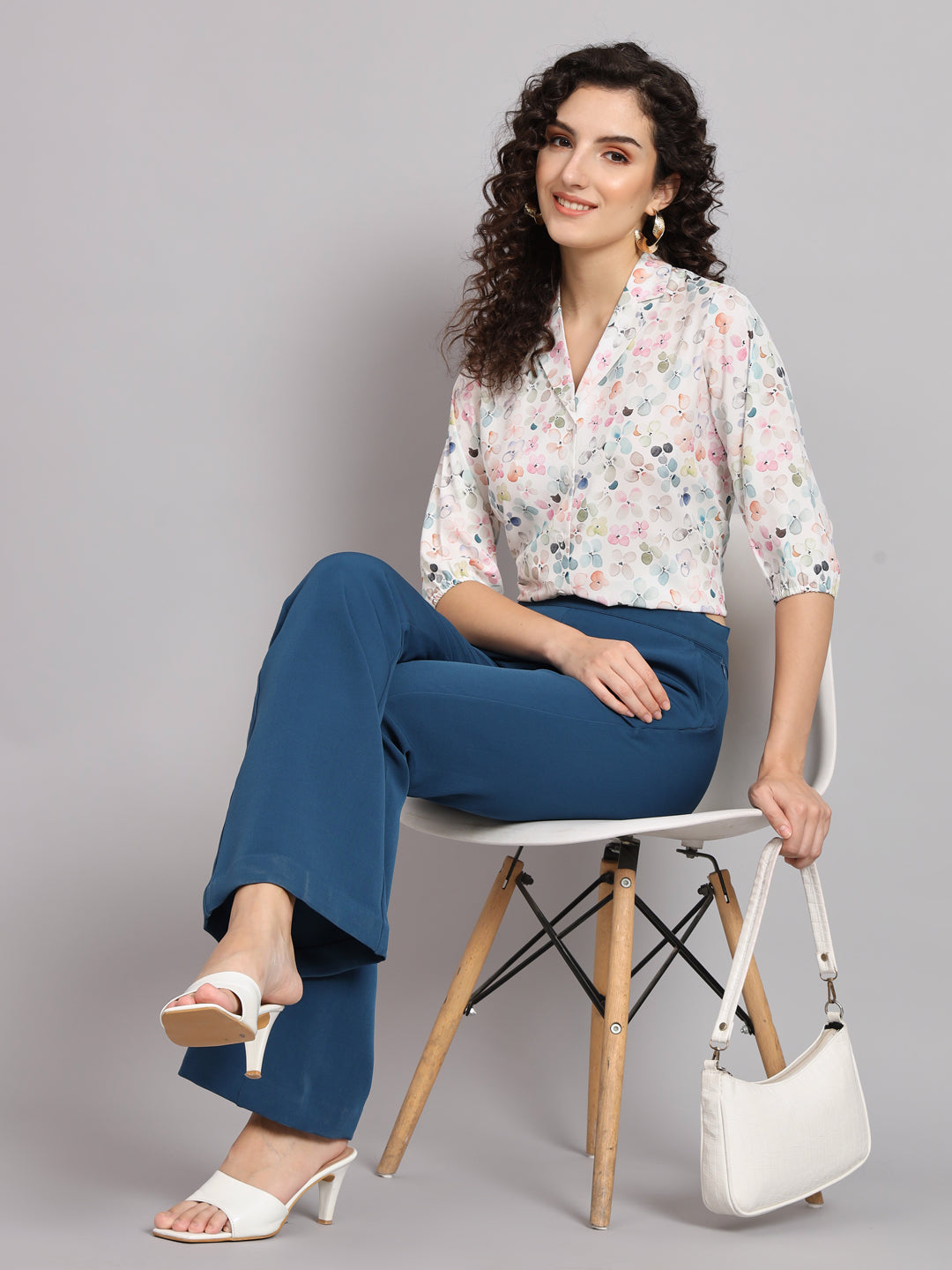 Floral Printed Regular Fit Notch Collar Shirt for Women - White | Casual Office Wear & Spring Summer Fashion
