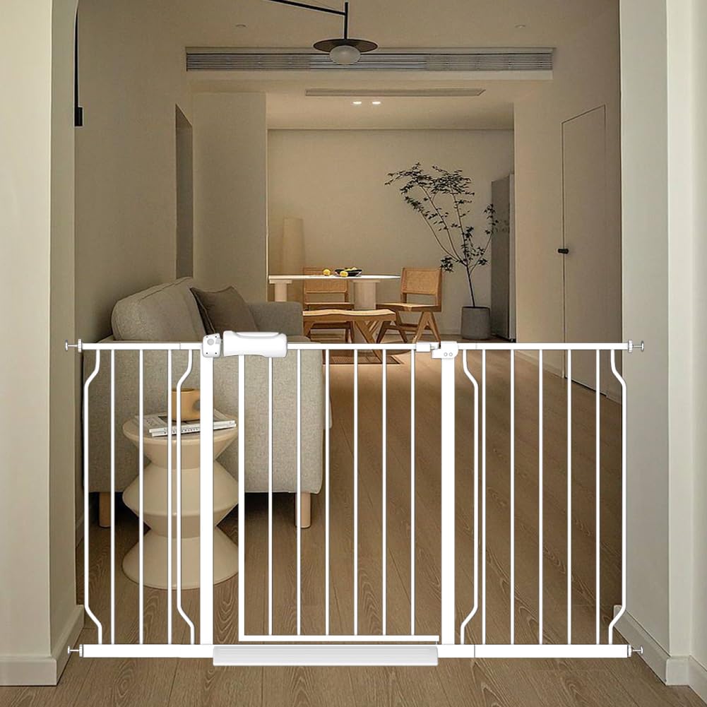 Extra Wide White Baby Gate 53-57.5 Inch - Pressure Mount Safety Gate for Doorways & Stairs with Auto Close & Extensions - Child & Pet Proof for Toddlers, Dogs - Perfect for Hallways, Staircases & Wide Openings