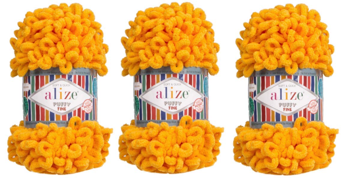 Alize Puffy Fine Yarn - 3 Skeins (300g, 48yds) 100% Micropolyester Super Soft Chunky Knitting Yarn for Baby Blankets, Scarves & Winter Crafts - Perfect for Hand Knitting, Crochet & DIY Projects