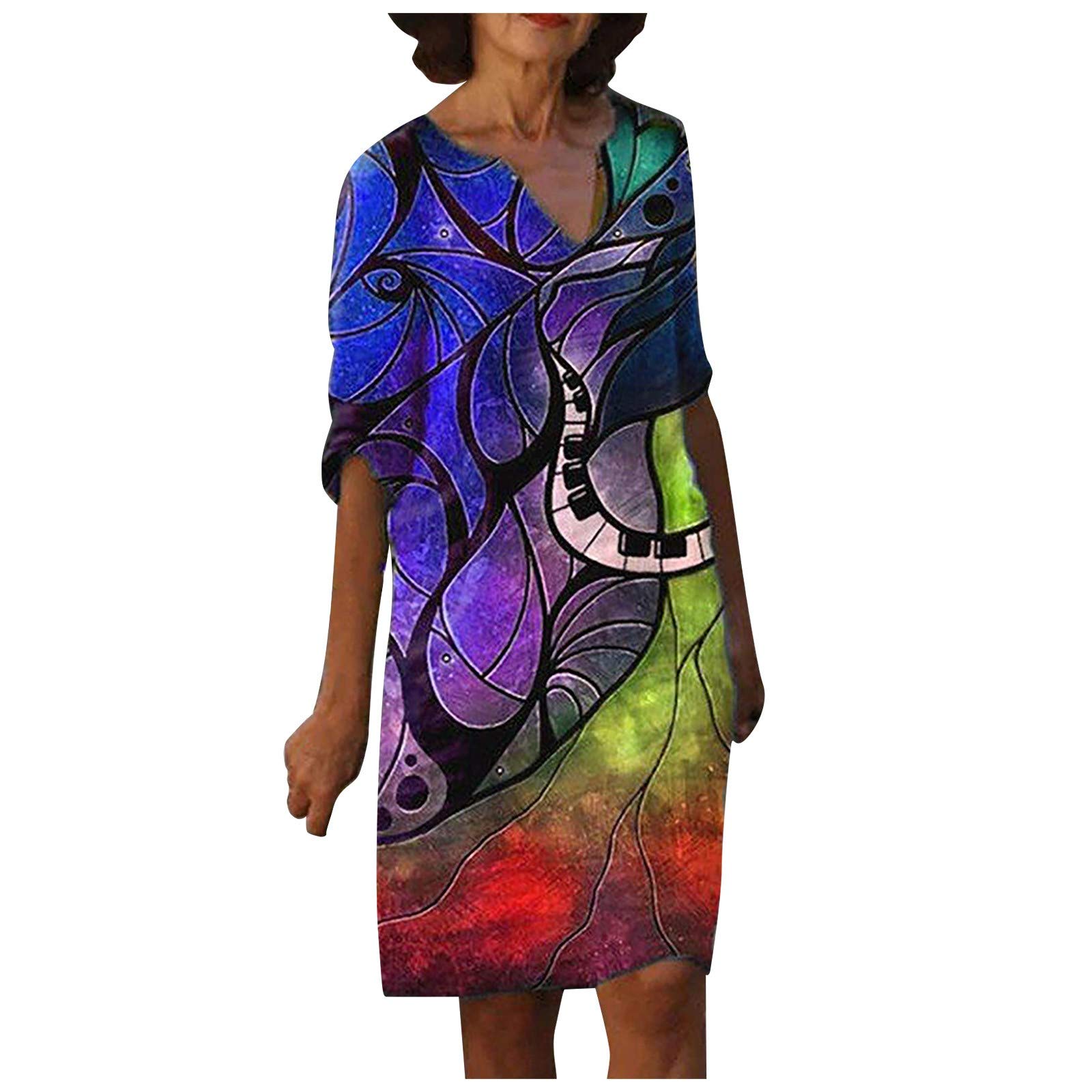 Twoker Women's Abstract Print Midi Dress - Short Sleeve Loose Fit Summer Dress for Work, Casual & Holiday Wear | Beach Outings, Office Wear, Weekend Brunch