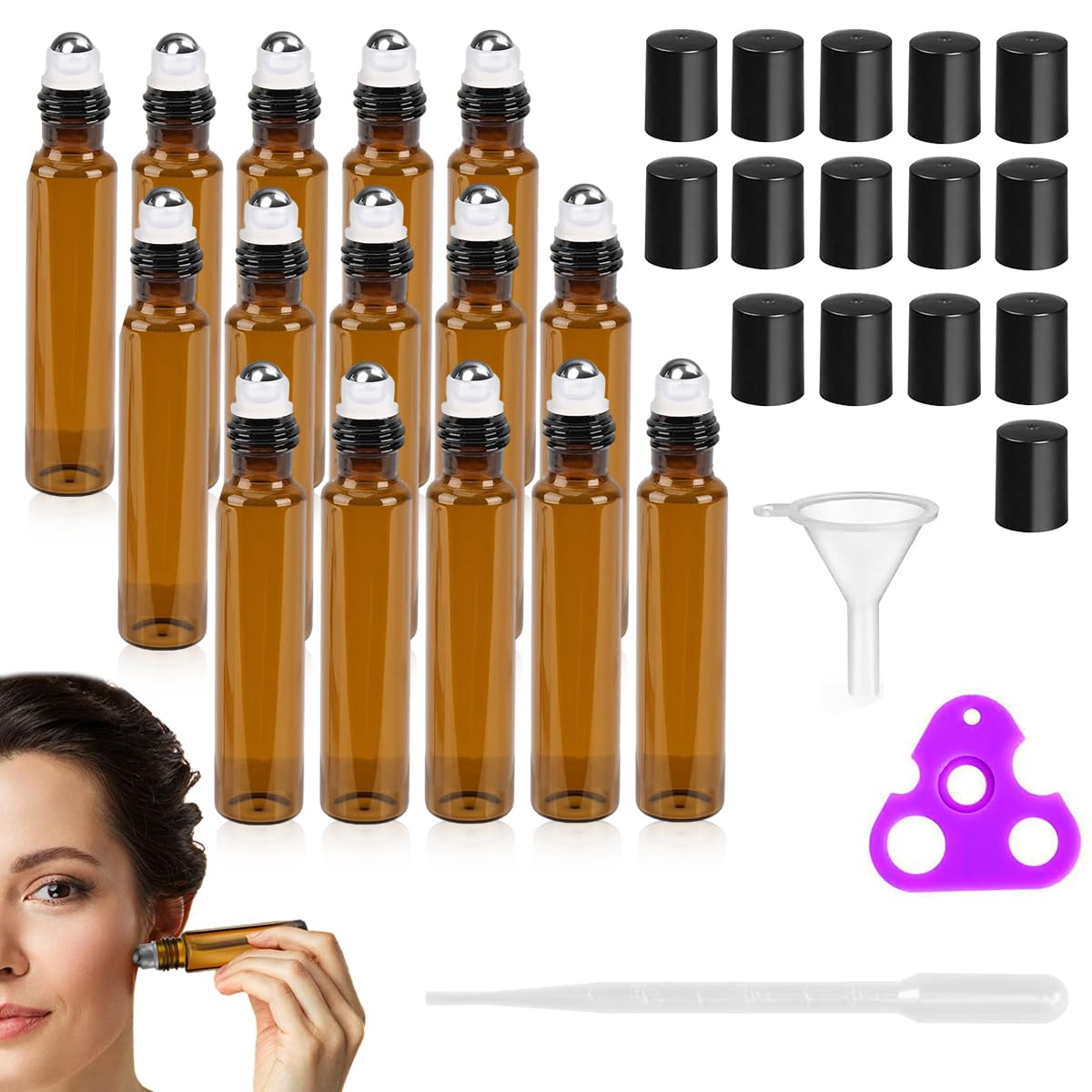 MAYCREATE® 15Pcs 10ml Glass Roller Bottles with Stainless Steel Roller Balls - Essential Oil Roller Bottles for Coconut Oil, Jojoba Oil, Sweet Almond Oil - Includes Funnel & Cap Opener Tool - Perfect for DIY Aromatherapy, Travel & Skincare