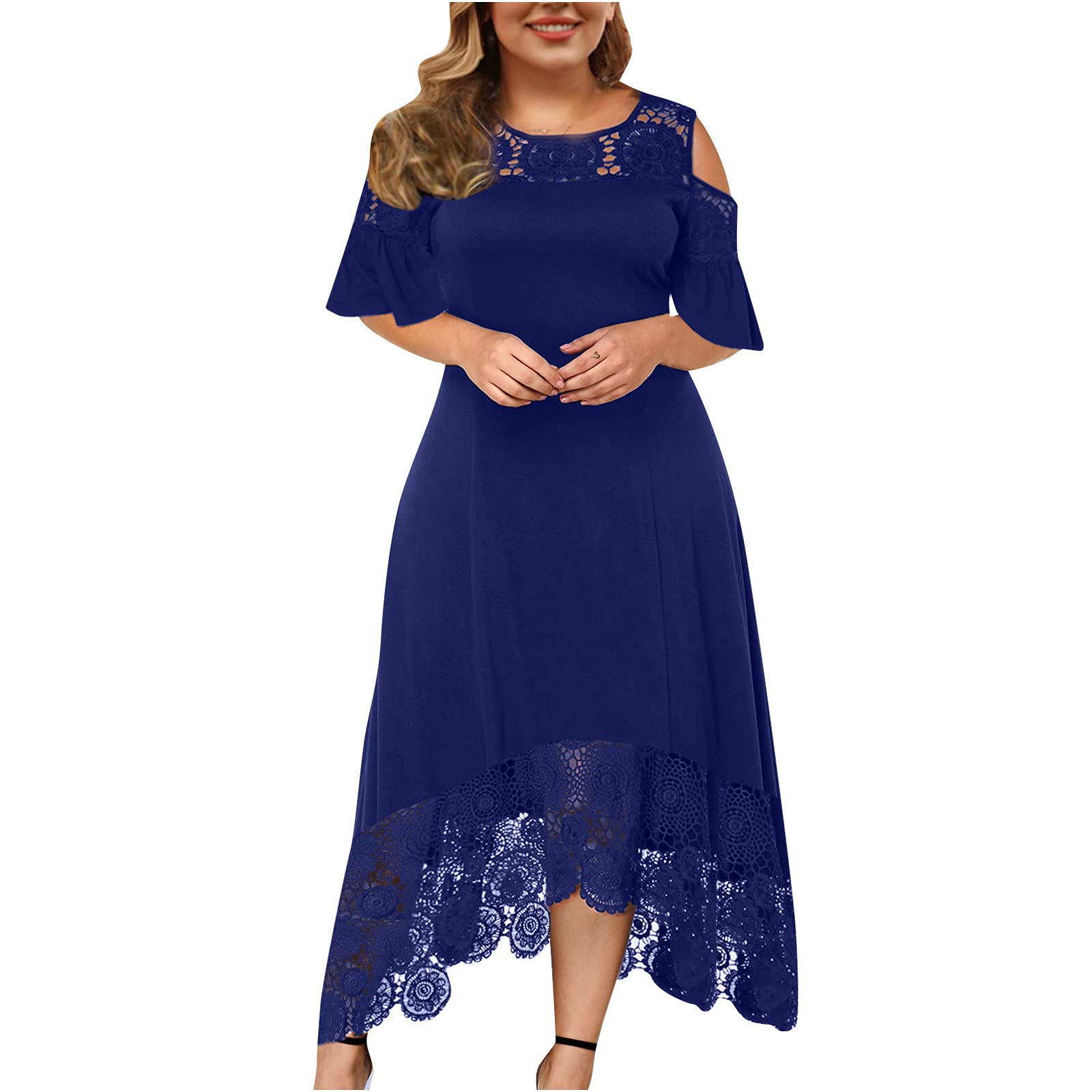 Elegant Plus Size Lace Strap Off-Shoulder Maxi High-Low Cocktail Dress for Women - Perfect for Wedding Guest, Evening Party & Special Occasions