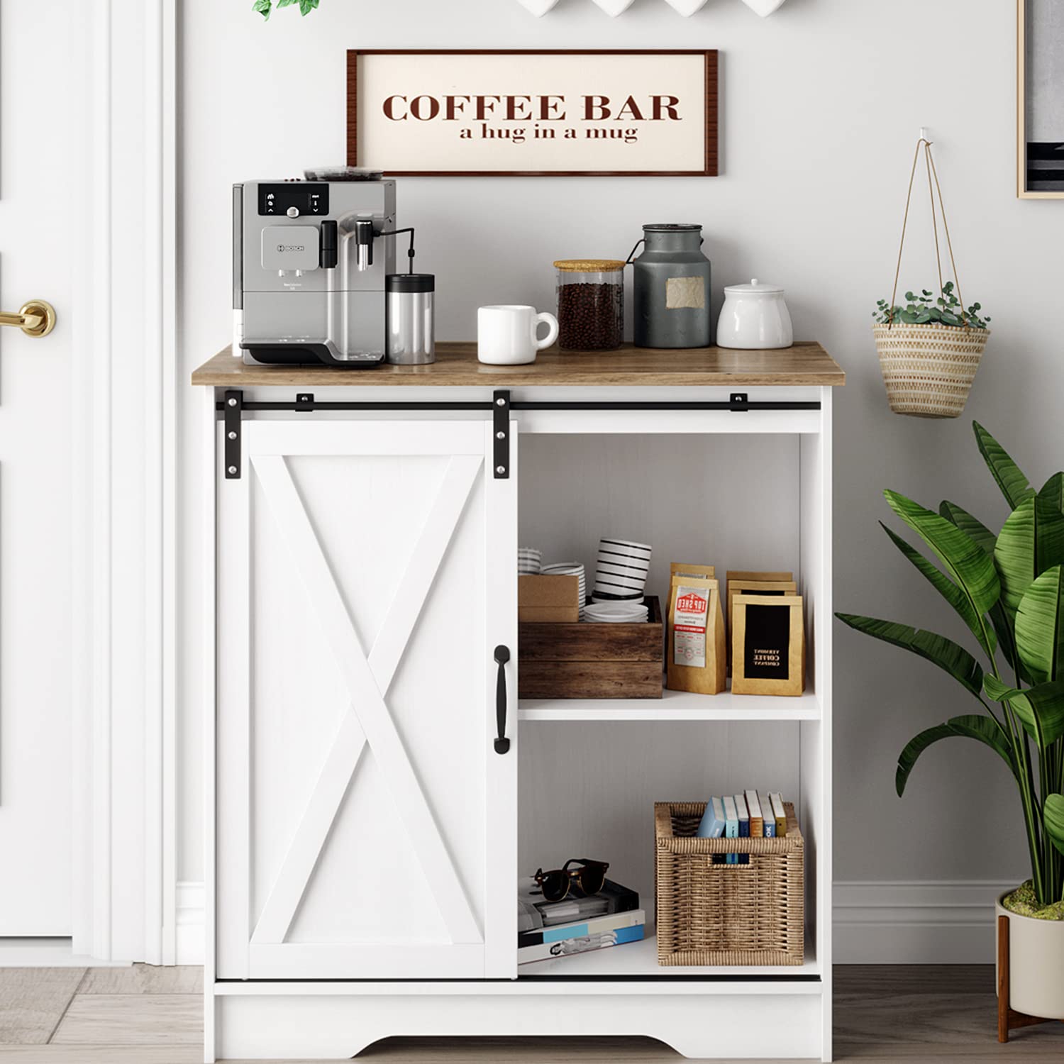 Farmhouse Coffee Bar Cabinet with Sliding Barn Door - White Buffet Sideboard for Kitchen & Dining Room | Modern Farmhouse Storage Cabinet with Shelves | Perfect for Coffee Station, Wine Bar & Home Decor