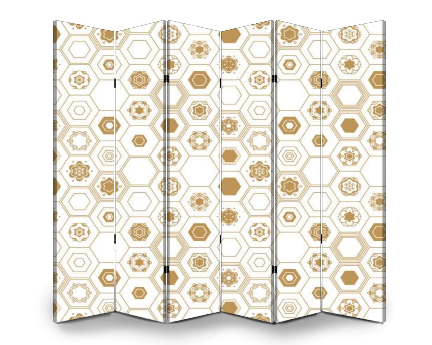 6-Panel Folding Room Divider Screen - Gold Geometric Ethnic Pattern Privacy Partition for Indoor & Outdoor Use | Freestanding Protective Wall Separator for Home, Office, and Event Spaces