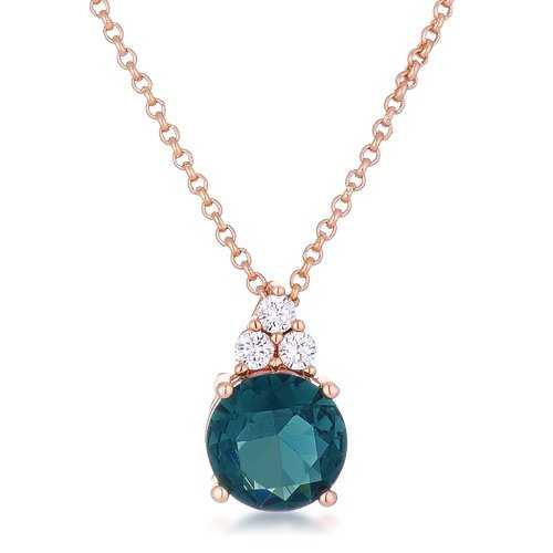 Elegant 9mm Blue Green CZ Pendant Necklace in Rose Gold Plated - Perfect for Valentine's Day Gifts & Evening Party Jewelry