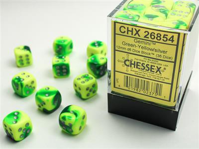 Gemini® 12mm Six-Sided Dice Set - 36 Green & Yellow with Silver Numbering Dice for Tabletop RPG, D&D, Board Games, and Collectors