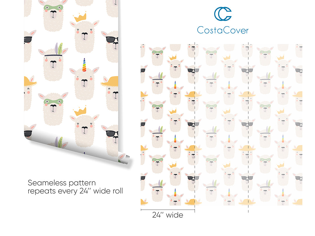 Adorable Llamas Face Peel and Stick Wallpaper - Self-Adhesive Removable Wall Decal for Nursery, Kids Room & Home Decor