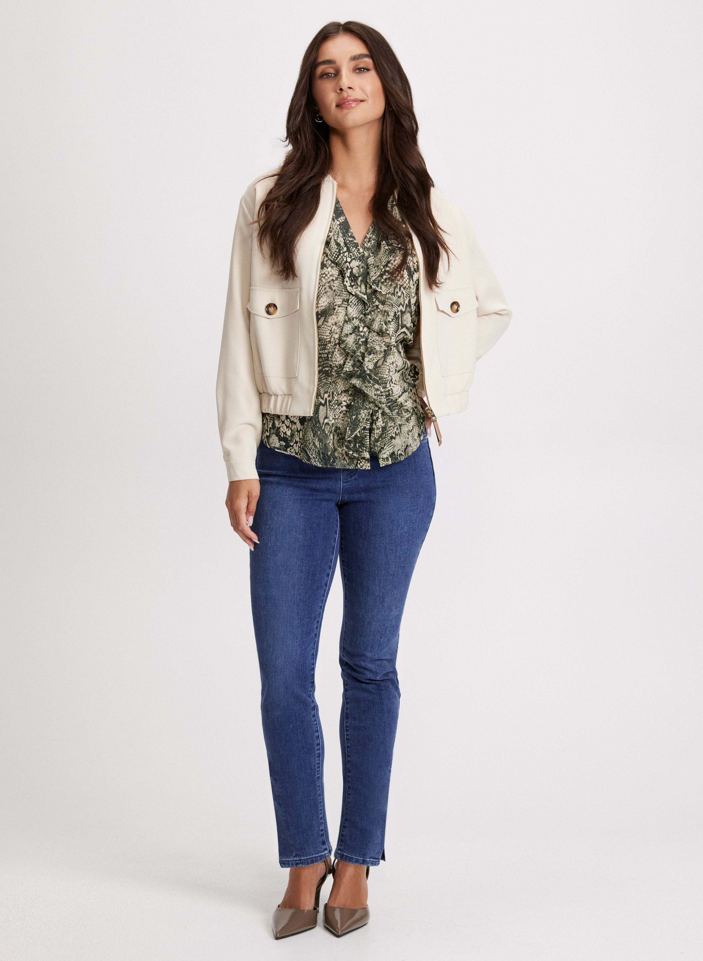 Stylish Women's Bomber Jacket & Distressed Hem Slit Jeans Set - Trendy Casual Outfit for Streetwear, Date Night & Fall Fashion