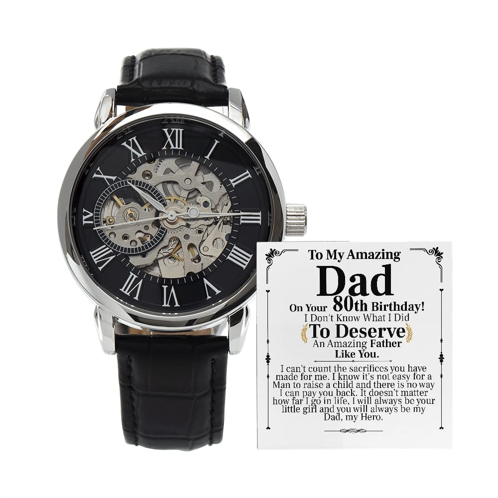 Custom Engraved Men's Watch - 80th Birthday Gift for Dad from Daughter | Openwork Design Luxury Timepiece in Mahogany Wood Box | Perfect Retirement, Anniversary & Special Occasion Present