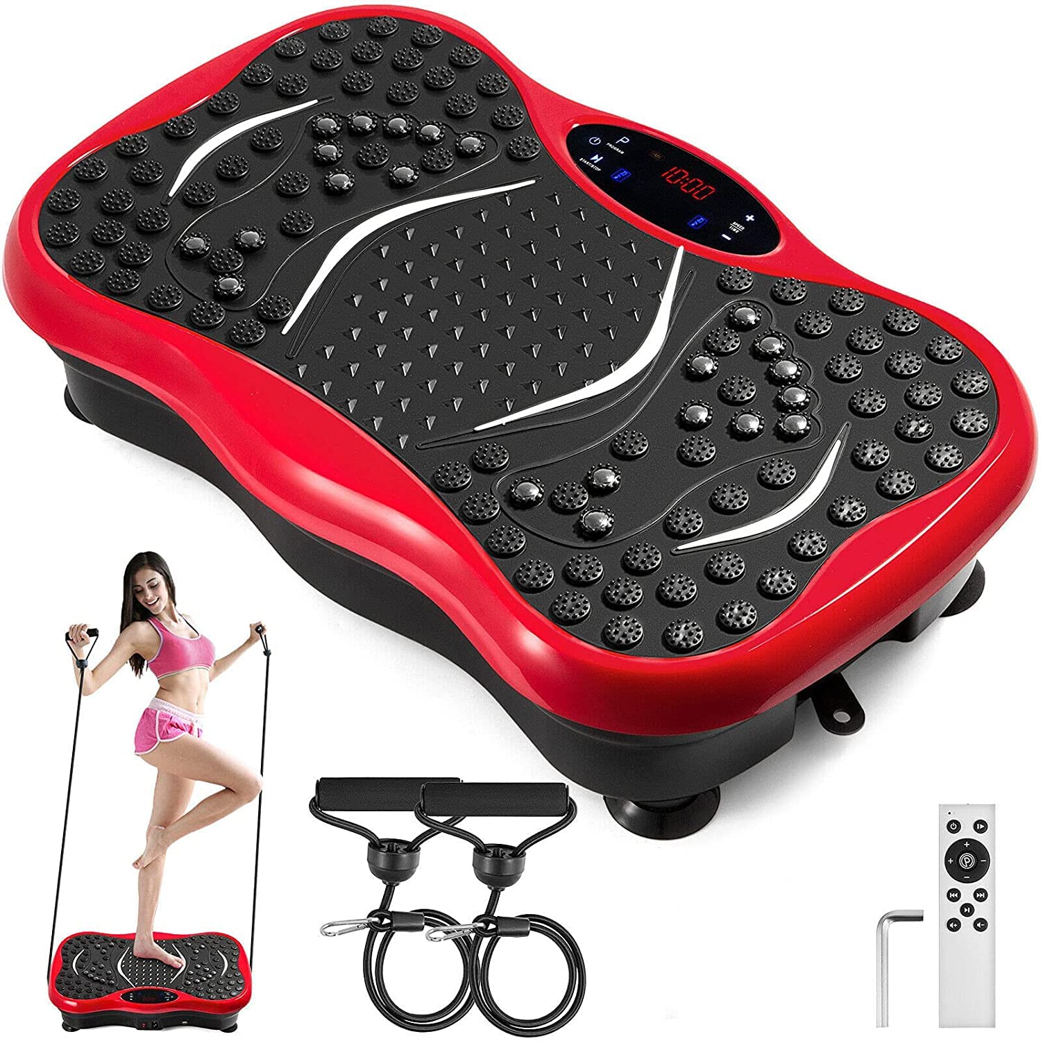 3D Vibration Plate Exercise Machine for Home Fitness - Whole Body Vibration Platform with Resistance Bands for Weight Loss, Muscle Toning & Strength Training | Perfect for Home Gym, Physical Therapy & Post-Workout Recovery (Red)