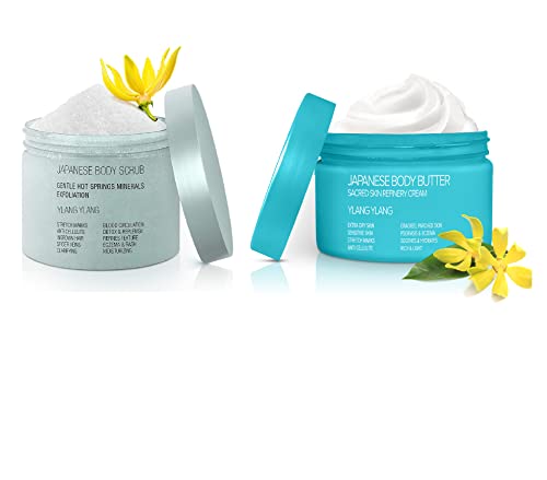 Onsen Secret Japanese Exfoliating Body Scrub & Nourishing Body Butter with Natural Hot Spring Minerals, Jojoba Oil & Shea Butter - Ylang Ylang Scented Moisturizing Cream for Dry Skin | Spa & At-Home Self Care Treatment