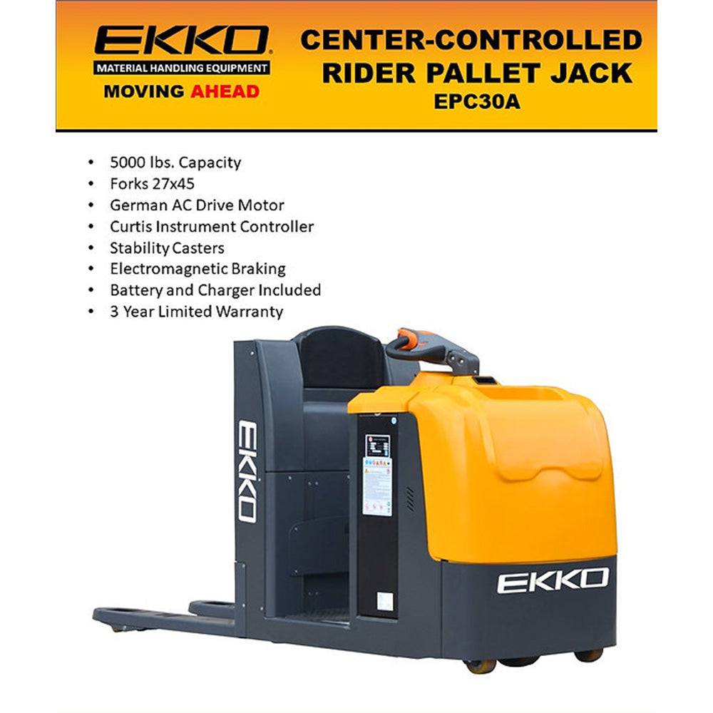 EPC30A Center-Controlled Rider Pallet Jack - 5000 lbs Capacity for Warehouses, Factories & Heavy-Duty Material Handling