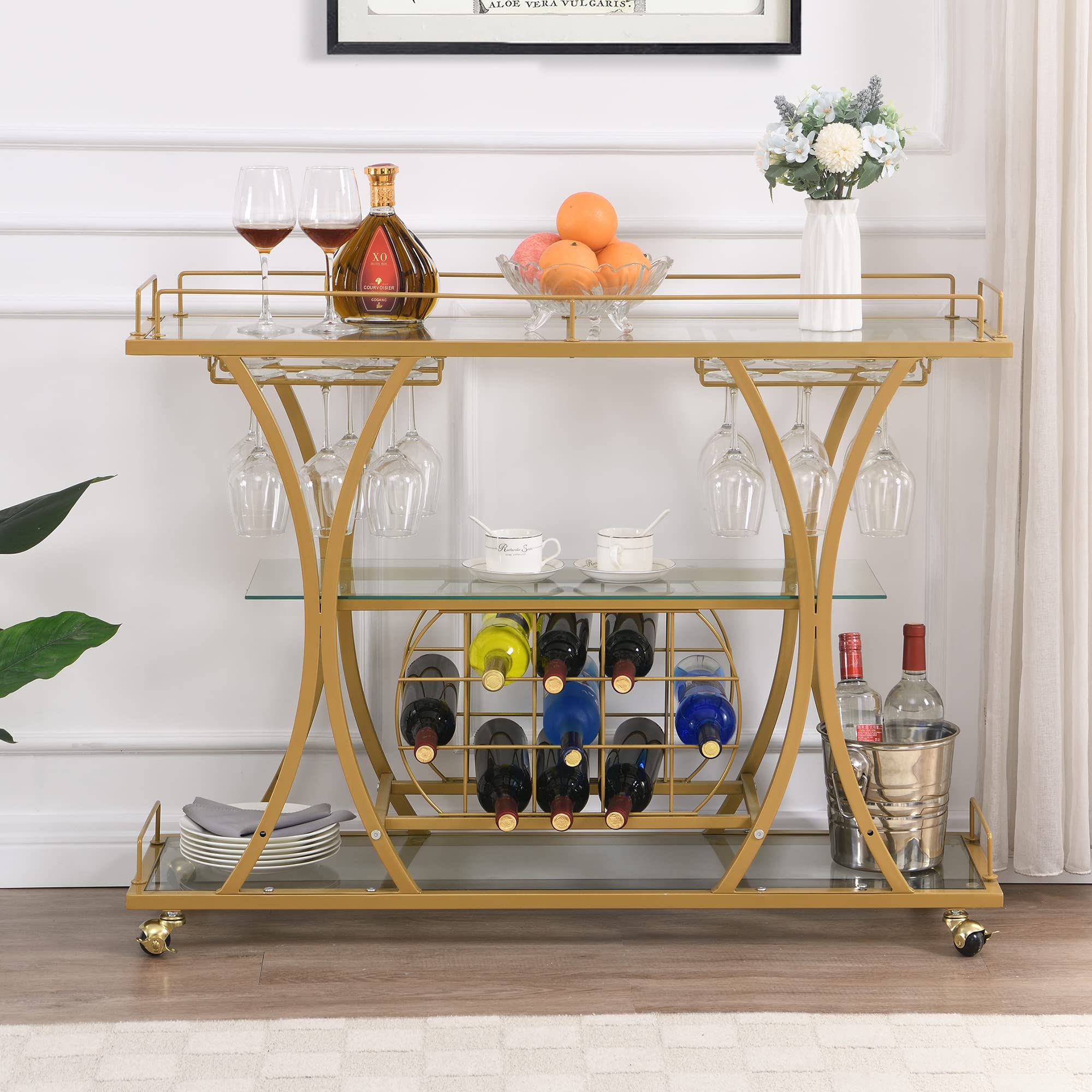 Yoluckea 3-Tier Glass Bar Cart with Wine Rack & Glass Holder - Tempered Glass Shelves, Lockable Wheels - Mobile Kitchen Storage for Wine, Cocktails & Entertaining - Perfect for Home Bars, Dining Rooms & Outdoor Parties