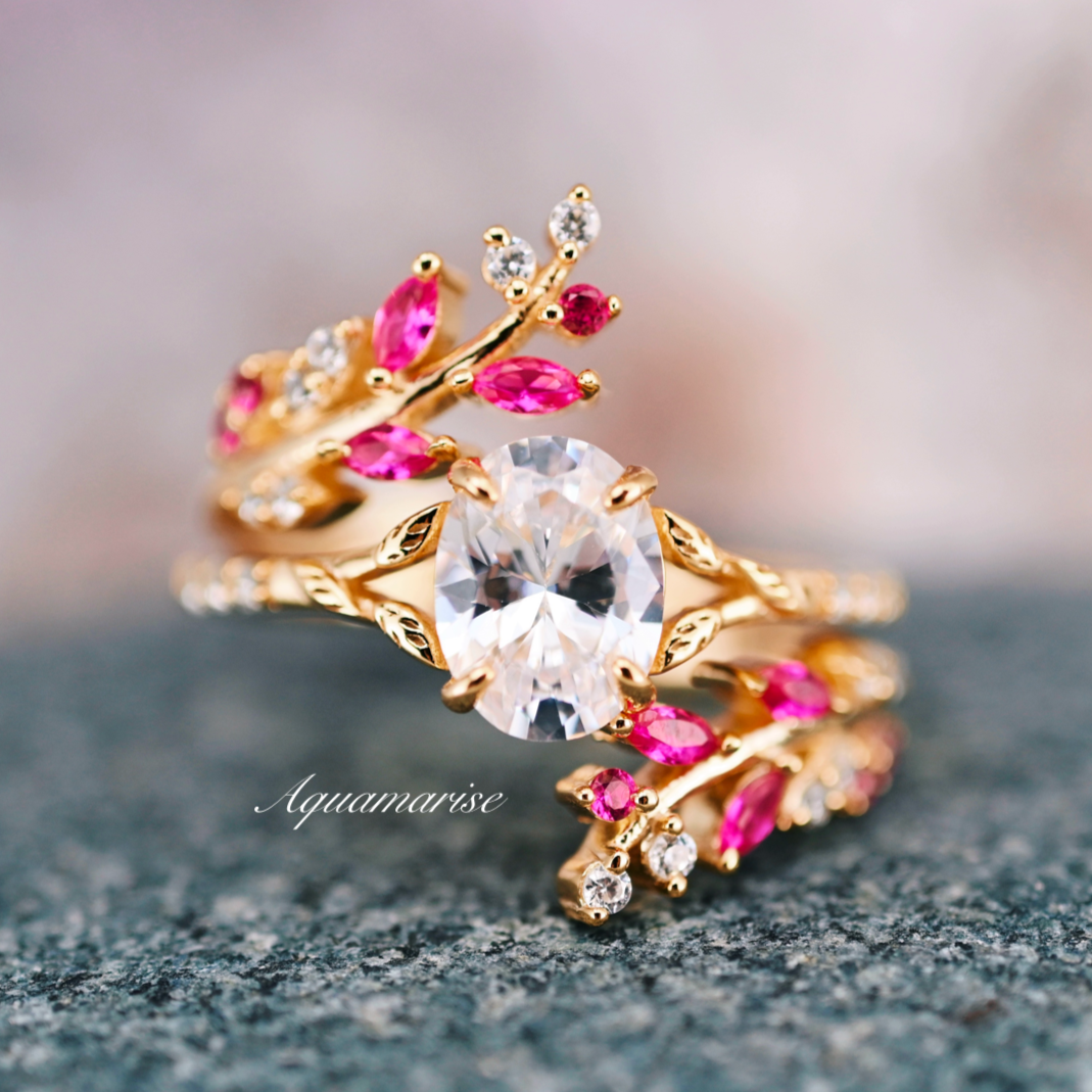 14K Yellow Gold Vermeil Ruby & Diamond (CZ) Leaf Engagement Ring Set - Perfect for Proposals, Anniversaries, and Special Occasions
