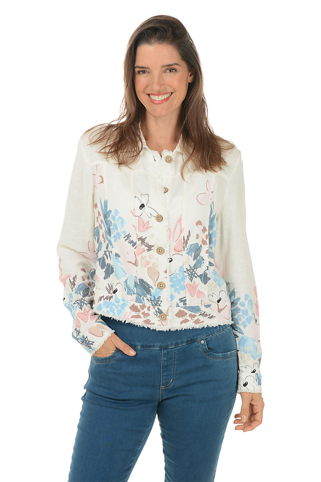 Supernova Frayed Linen Blend Jacket - Lightweight Women's Denim Jacket with Distressed Details | Perfect for Spring Layering & Casual Outfits