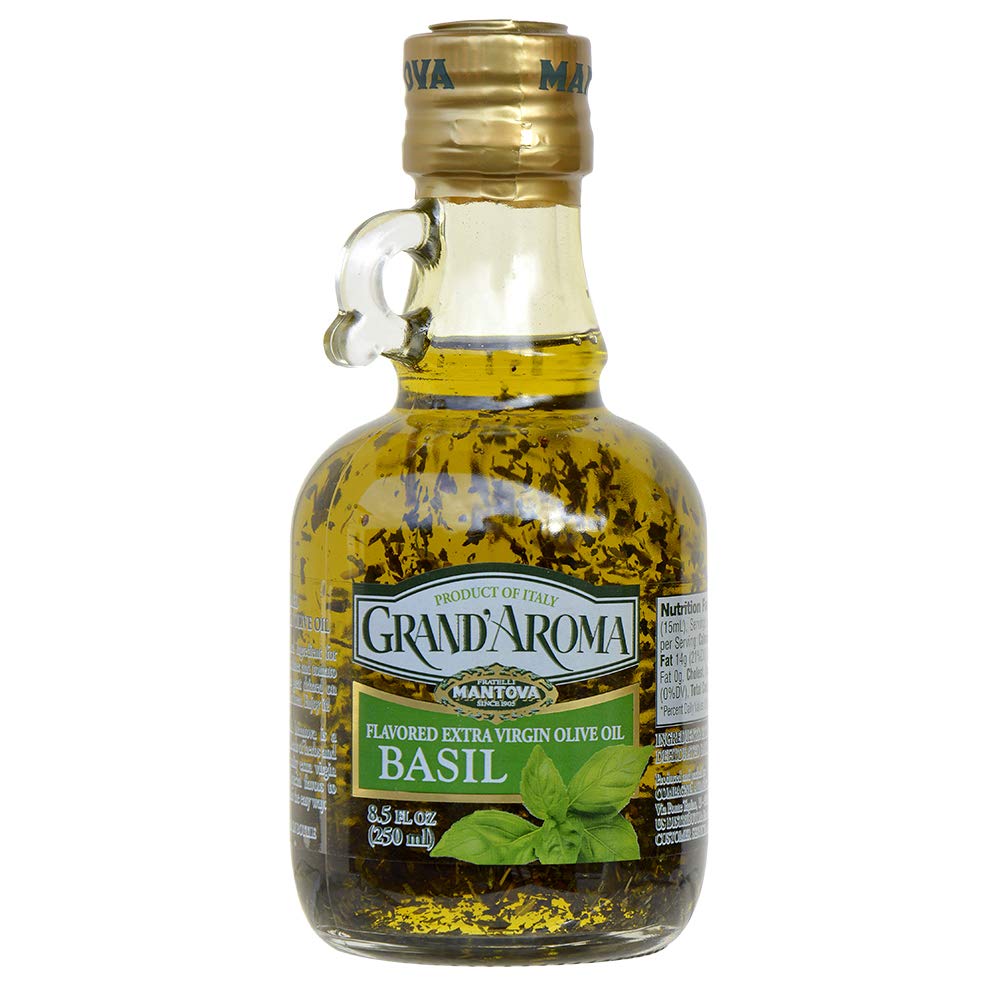Mantova Grand'Aroma Basil Flavored Extra Virgin Olive Oil - Cold-Pressed 100% Natural Italian EVOO - Heart-Healthy Cooking Oil for Salad Dressing, Pasta, Garlic Bread & Meats - Perfect for Mediterranean Cuisine & Home Cooking - 8.5 oz (Pack of 2)