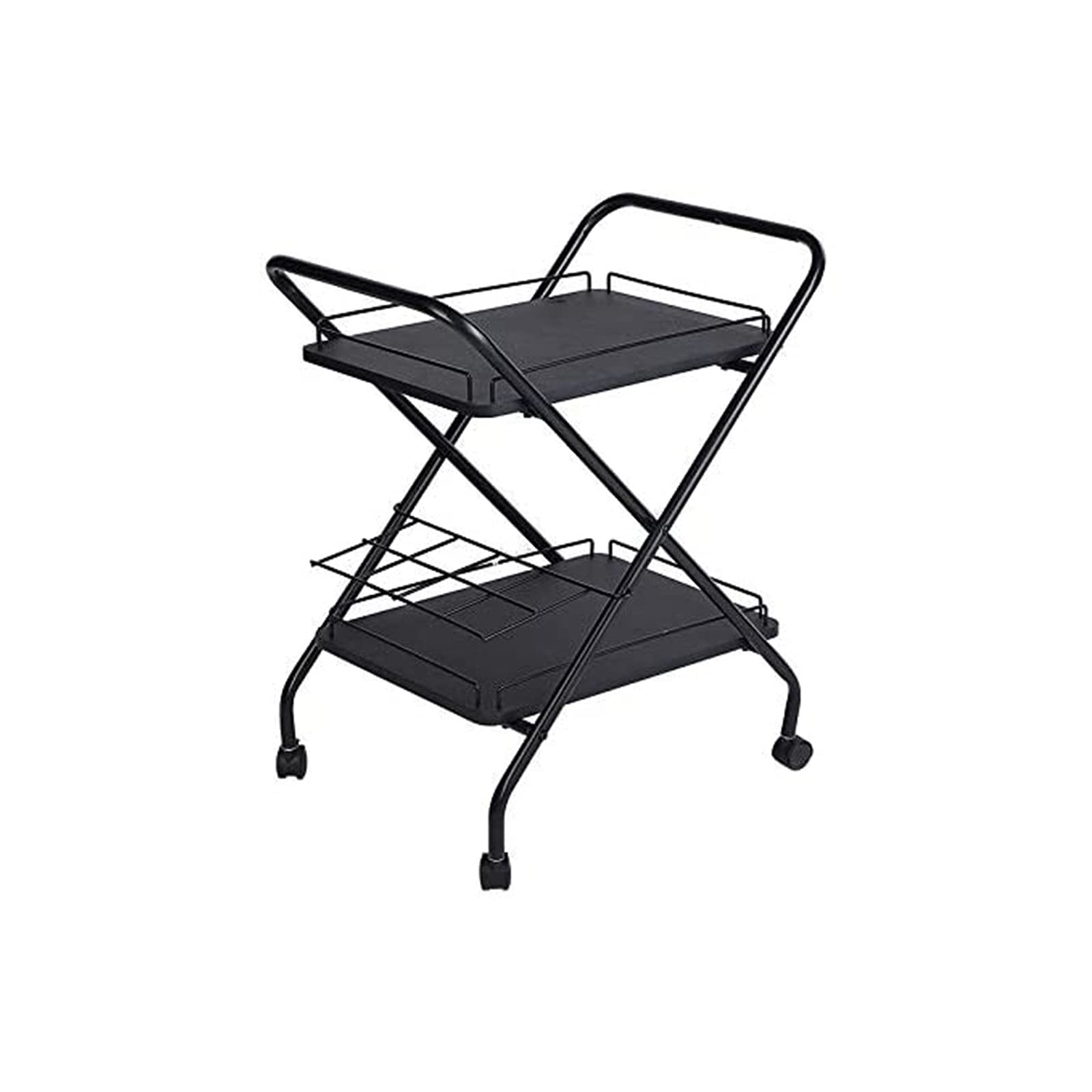 2-Tier Rolling Utility Cart with Wheels - Metal Bar Cart with Wine Rack & Lockable Casters - Multi-Purpose Storage Organizer for Kitchen, Office, Bar - Perfect for Serving Drinks, Storing Supplies & Mobile Workspace