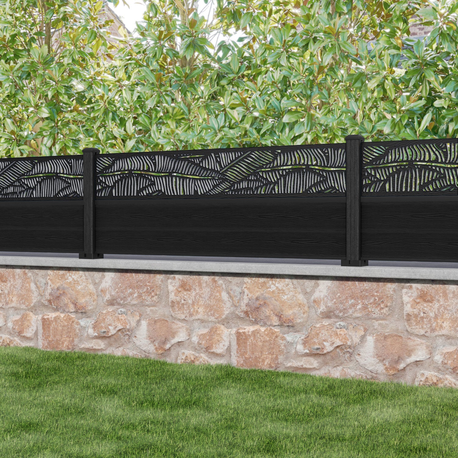 Classic Black Feather Fence Panel with Composite Posts - Durable Outdoor Privacy Screen for Garden, Patio, and Backyard Decoration
