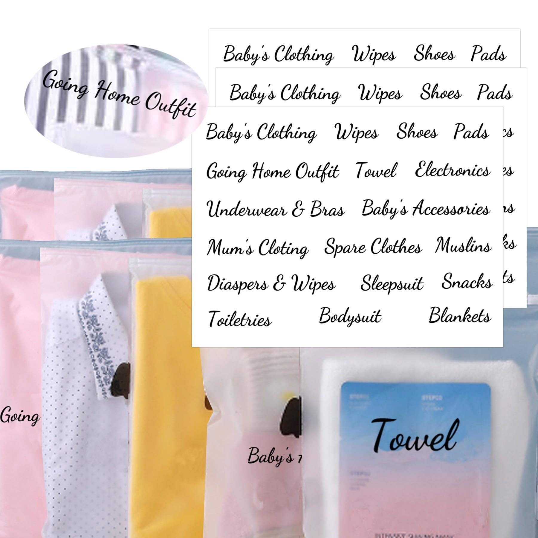20 Pack Frosted Hospital Pouches with 3 Clear Sticker Sheets - 13.78 x 15.74 Inch Maternity Essentials for Labor, Diaper Storage & Newborn Care - Perfect for Hospital Bags, Baby Showers & Parenting Organization