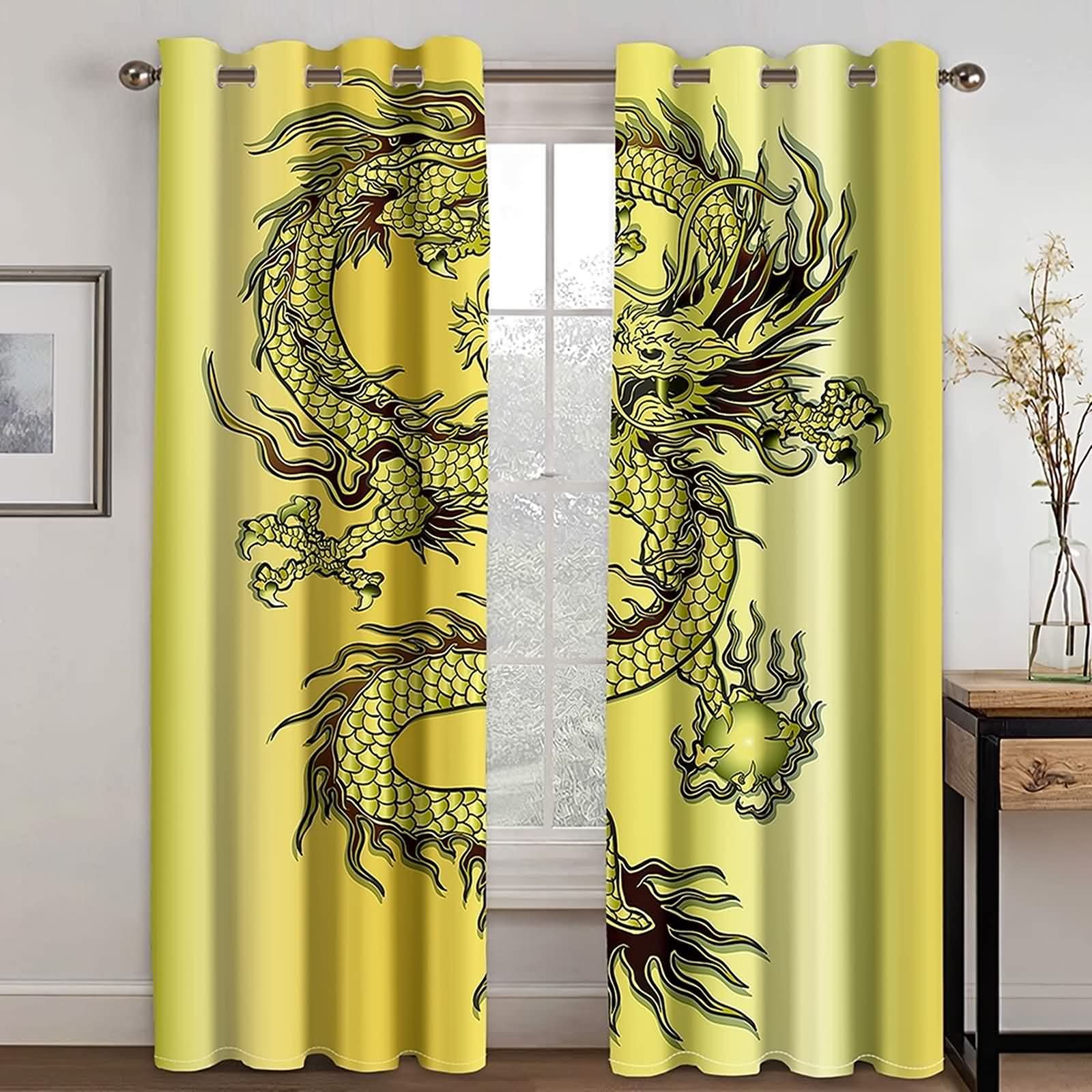 MoAndy Blackout Curtains for Bedroom - 2 Panels (52x45 Inches) Thermal Insulated Sun Blocking Window Drapes - Yellow Dragon Design Kids Room Decor for Boys Bedroom, Nursery & Home Theater Darkening