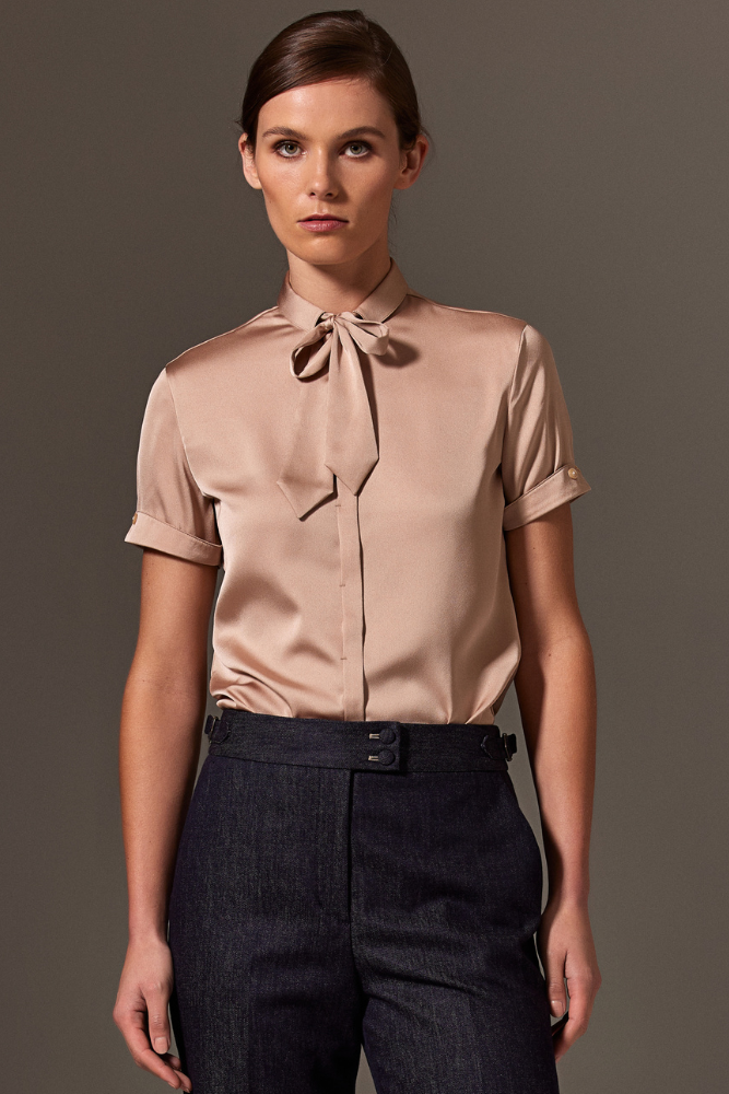 Eva Women's Short Sleeve Silk Blouse - Stretchy Nude Top for Work, Date Night & Special Occasions
