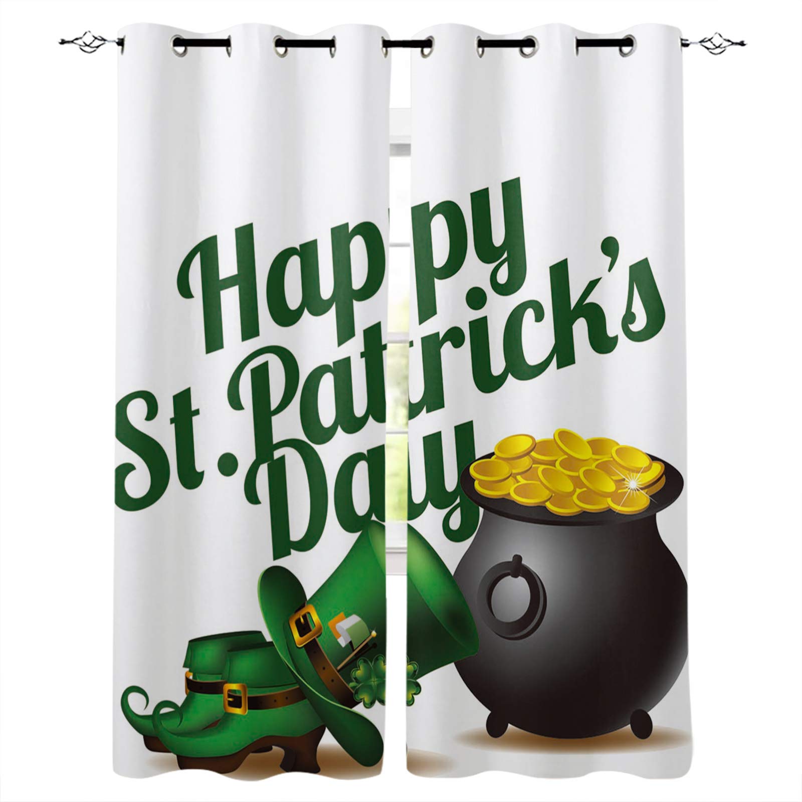Happy St. Patrick's Day Blackout Curtains - 2 Panels Shamrock Hat & Shoes Gold Pattern Darkening Drapes 52x52 Inch for Bedroom & Living Room | Noise Reducing & Thermal Insulated Window Treatments for Better Sleep & Energy Savings