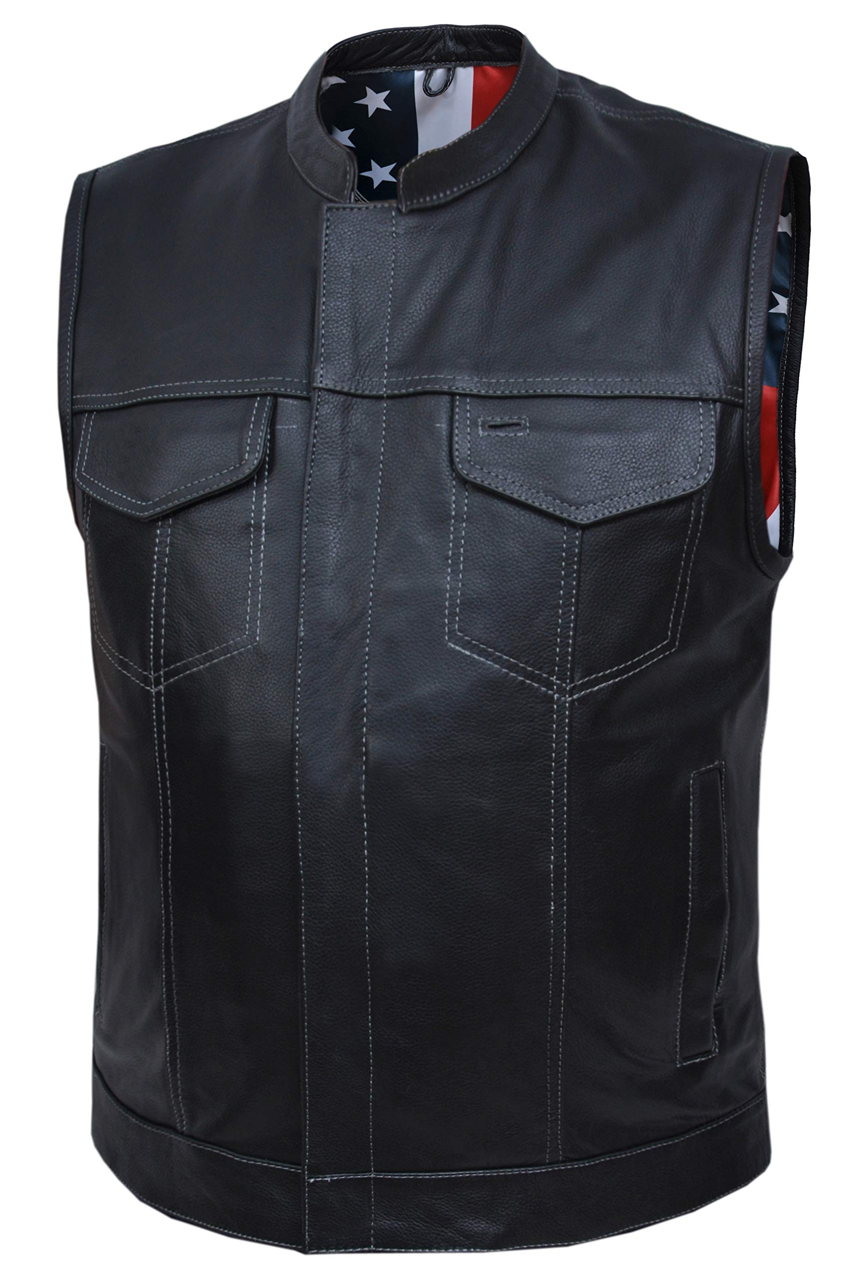 Men's Sons of Anarchy Black Butter-Soft Leather Vest with USA Flag & Paisley Lining - Size 5XL - Premium Biker Jacket for Motorcycle Riding, Cosplay & Fashion