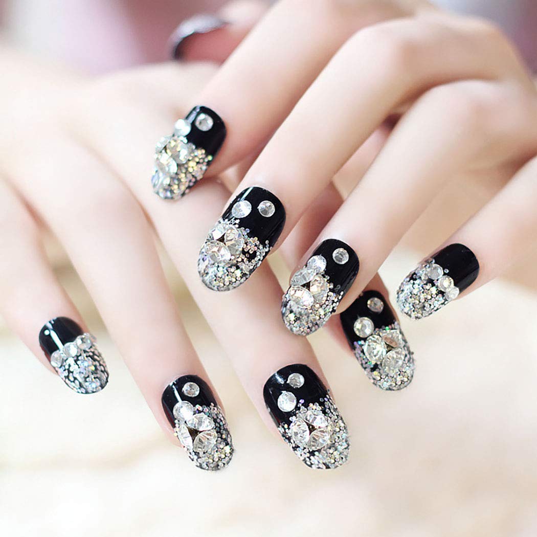 Fairvir Black Crystal Glitter Fake Nails with Rhinestones - 24Pcs Oval Full Cover Press on Nails for Women & Girls - Perfect for Birthday Parties, Weddings, and Special Occasions