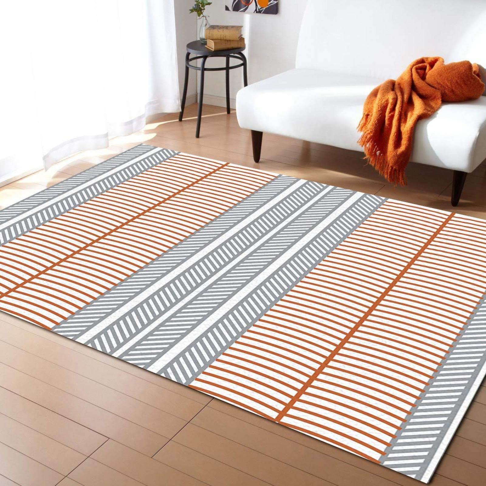 Orange and Gray Ethnic Minimalist Geometric Area Rug - Soft, Washable, Easy Clean Carpet for Nursery, Bedroom, Living Room - 5ft x 6ft Boys & Girls Decor Rug - Perfect for Kids' Rooms, Play Areas & Cozy Home Spaces
