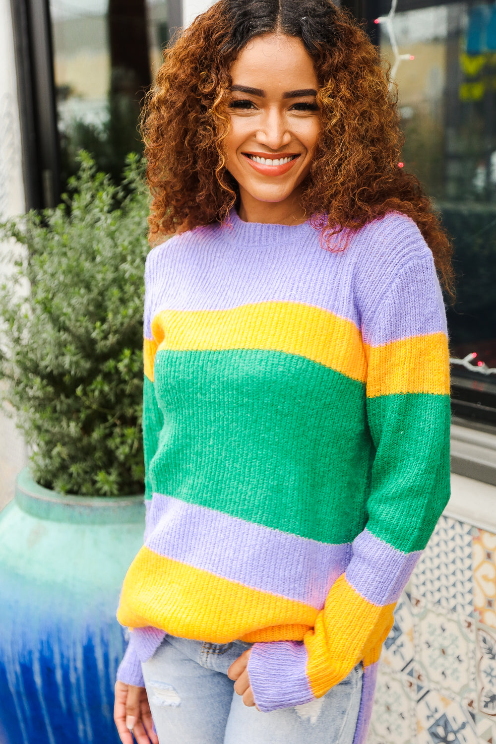 Love Found Mardi Gras Mohair Stripe Rib Knit Tunic Sweater for Women - Cozy Winter Pullover with Colorful Stripes - Perfect for Parties, Festivals & Casual Outings