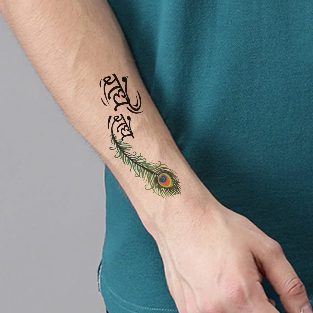 Radhe Radhe Peacock Feather Temporary Tattoo - Waterproof Body Art for Men & Women - Perfect for Festivals, Parties, and Spiritual Events