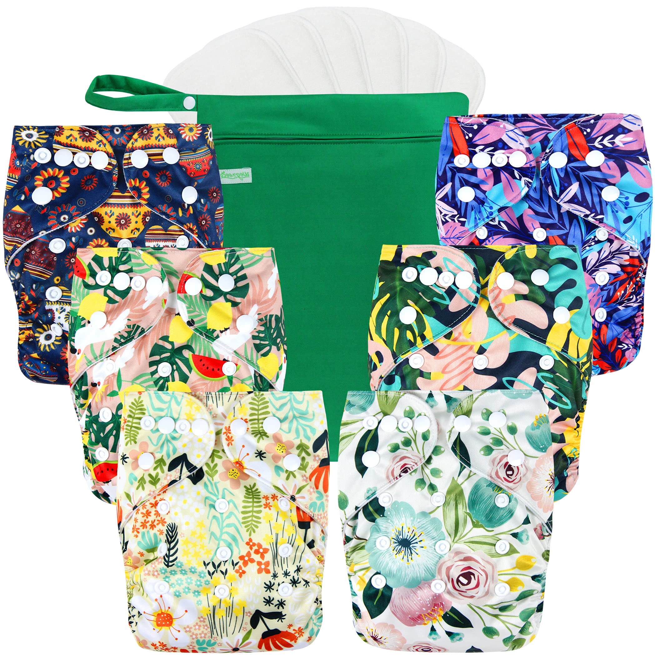 **Wegreeco 6 Pack Reusable Cloth Diapers with Inserts & Wet Bag - Adjustable Washable Baby Diapers One Size (Love, Flowers) - Eco-Friendly Diapering Solution for Newborns, Infants & Toddlers - Perfect for Home, Travel, Daycare & Eco-Conscious Parenting - Ideal for Sustainable Families, On-the-Go Parents & Green Living**