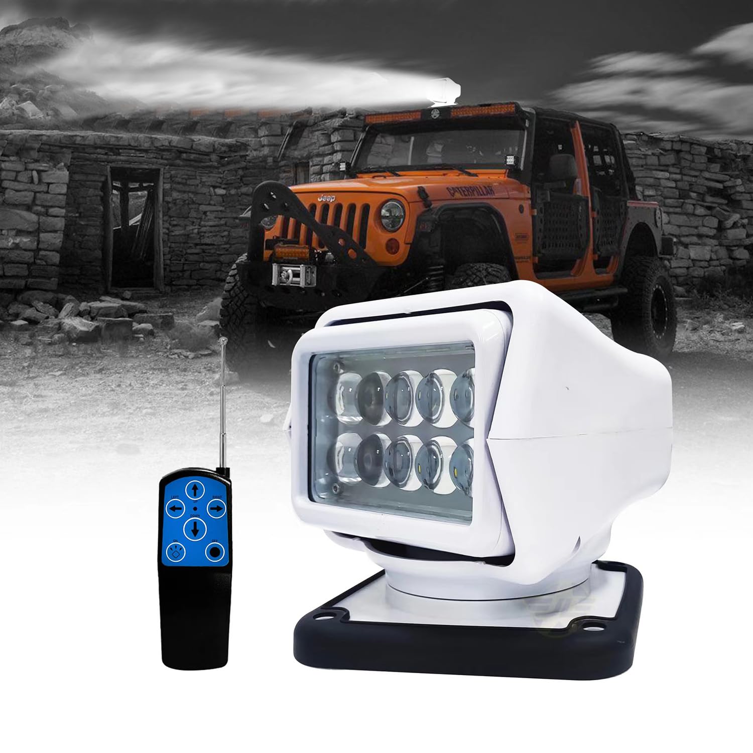 50W Remote Control Boat Spotlight - White LED Off-Road Light for Trucks, SUVs & Marine Use | Waterproof Searchlight for Night Fishing, Hunting & Emergency Situations