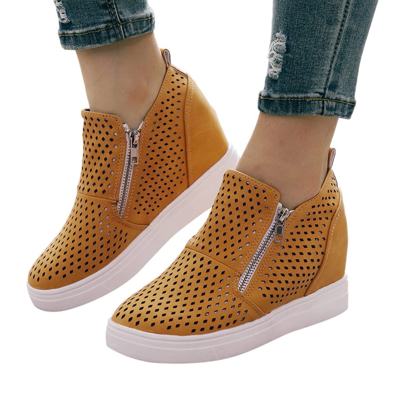 Aniywn Women's High Top Wedge Sneakers Platform Ankle Boots with Side Zipper - Comfortable Hidden Wedge Booties for Casual Wear, Work & Night Out