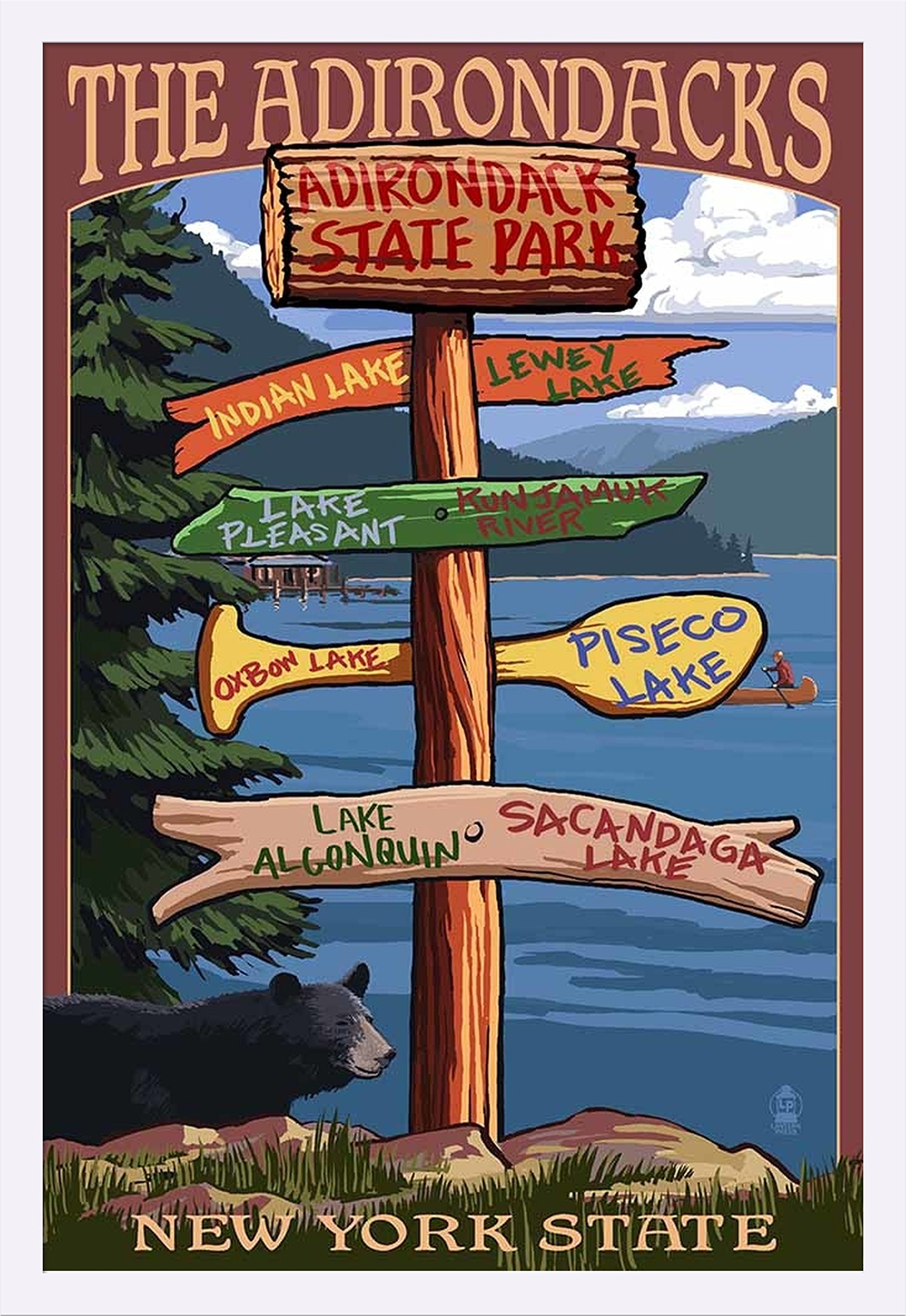 Adirondacks State Park New York Destination Signpost 87633 - 24x36 Giclee Art Print, Gallery Framed in White Wood - Perfect for Home Decor, Office Wall Art & Cabin Retreats