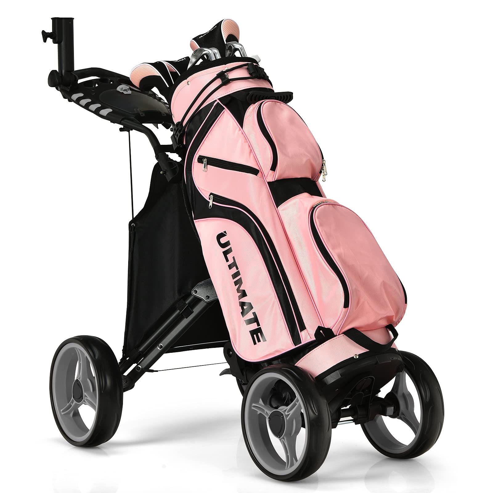 GYMAX Folding Golf Push Cart - Adjustable Height Portable Golf Caddy with Umbrella Holder, Waterproof Storage Bag & Built-in Cooler | Quick Fold Golf Trolley with Foot Brake for Golf Clubs | Perfect for Course, Driving Range & Outdoor Practice