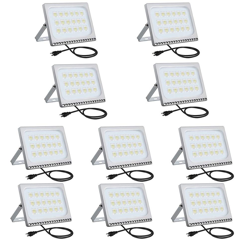Viugreum 10 Pack 100W LED Flood Lights Outdoor Waterproof IP67 - 110V 10000LM Daylight White (6000K) Super Bright Security Lights - Perfect for Landscape, Wall, Backyard, Garage & Driveway Lighting