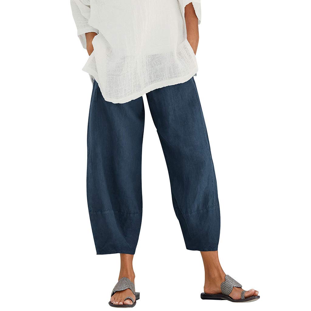 Women's Casual Cotton Elastic Waist Wide Leg Pants with Pockets - Comfortable Loose Fit Trousers for Everyday Wear, Office & Travel