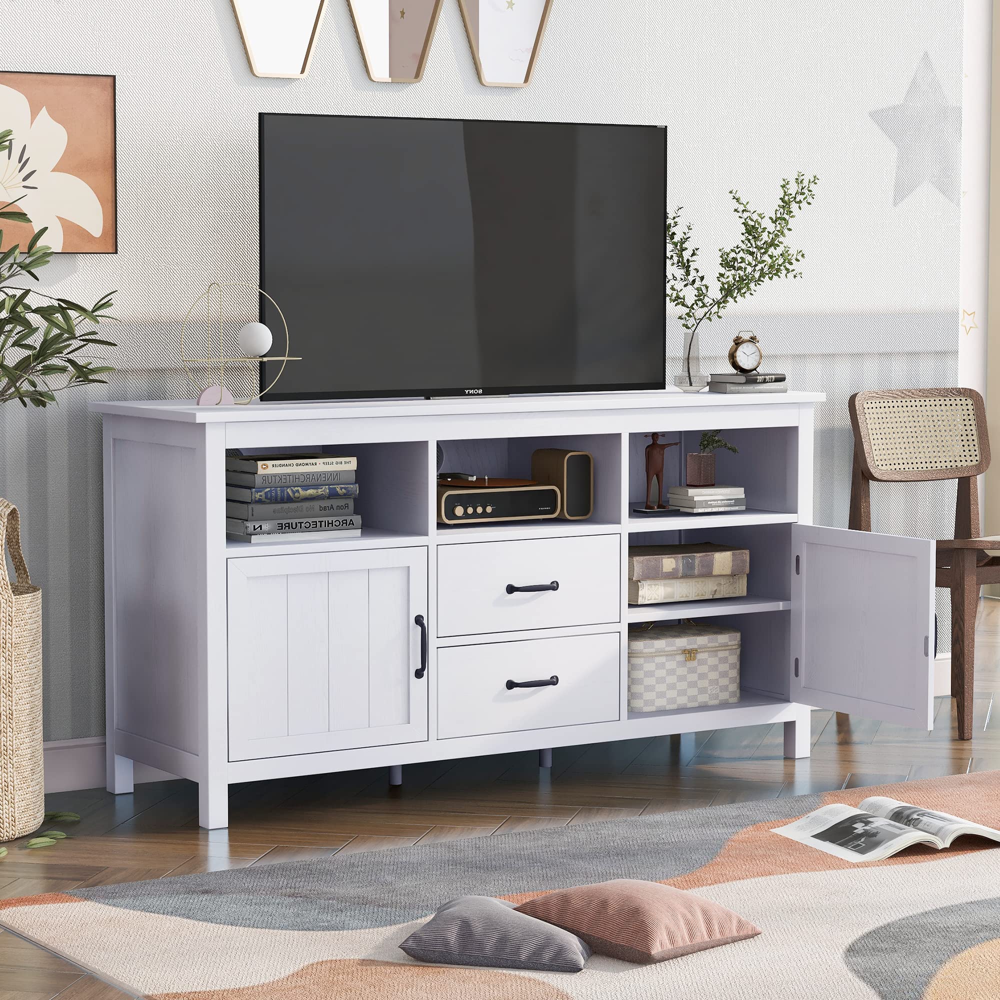 Modern TV Stand Console Table for Up to 68 inch TVs - Entertainment Media Center with Storage Cabinets, Doors, Drawers & Open Shelves - Perfect for Living Room, Bedroom or Office (White) - Ideal for Home Theater Setup & Media Organization
