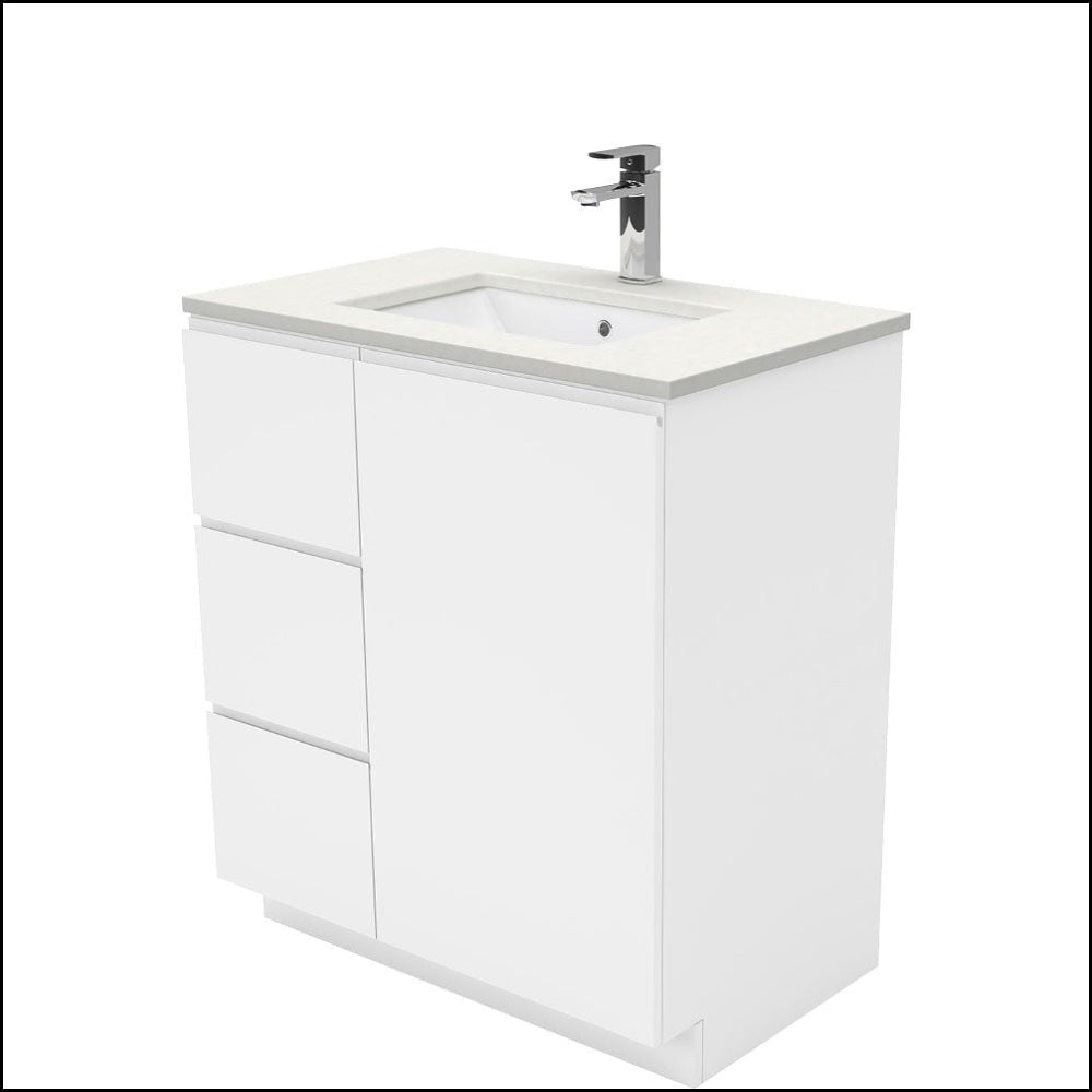 Fienza Crystal Pure SC75CL 750mm Undermount Stone Top Vanity Unit with Fingerpull & Kickboard - Left Drawers, White | Modern Bathroom Sink Cabinet for Small Spaces & Powder Rooms