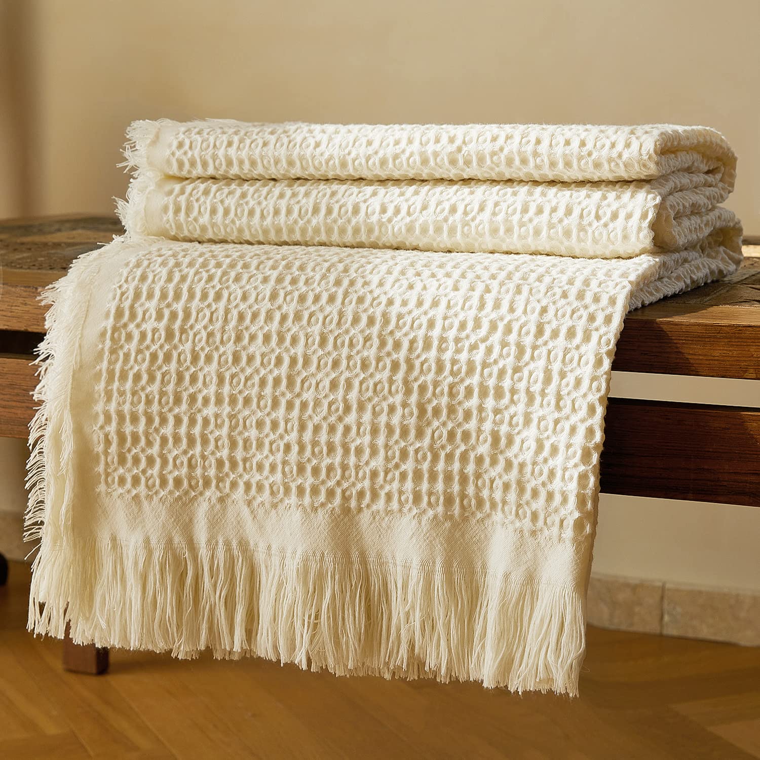 ZonLi Waffle Weave Throw Blanket - Breathable White Waffle Knit Blanket for Couch, Bed, Sofa & Outdoor Use - Cozy Fringed Blanket with Moderate Thickness (57
