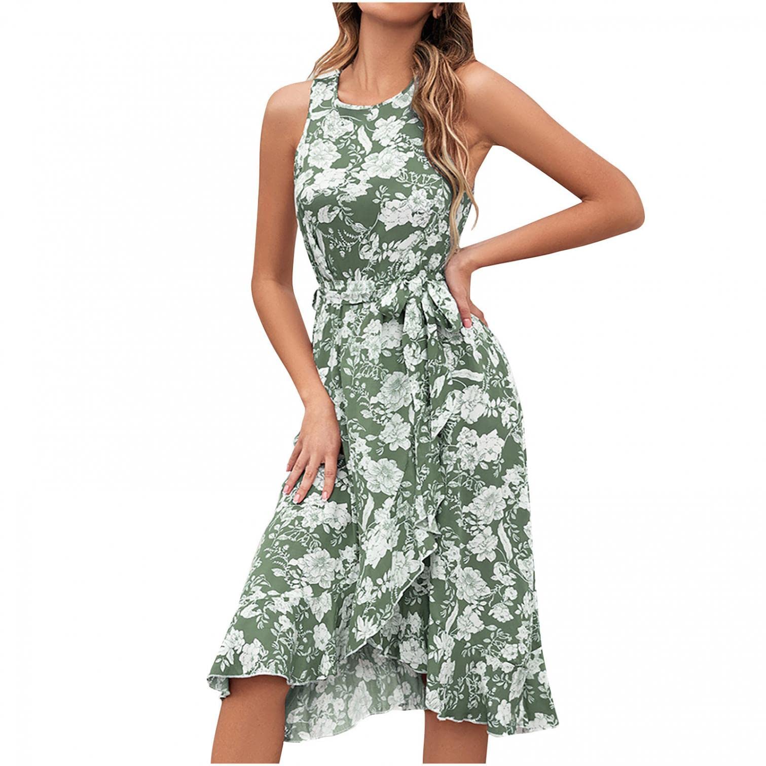 Women's Floral Summer Sundress - Sleeveless Beach Dress with Belt, Casual Loose Tank Dress for Vacation, Pool Party & Outdoor Activities
