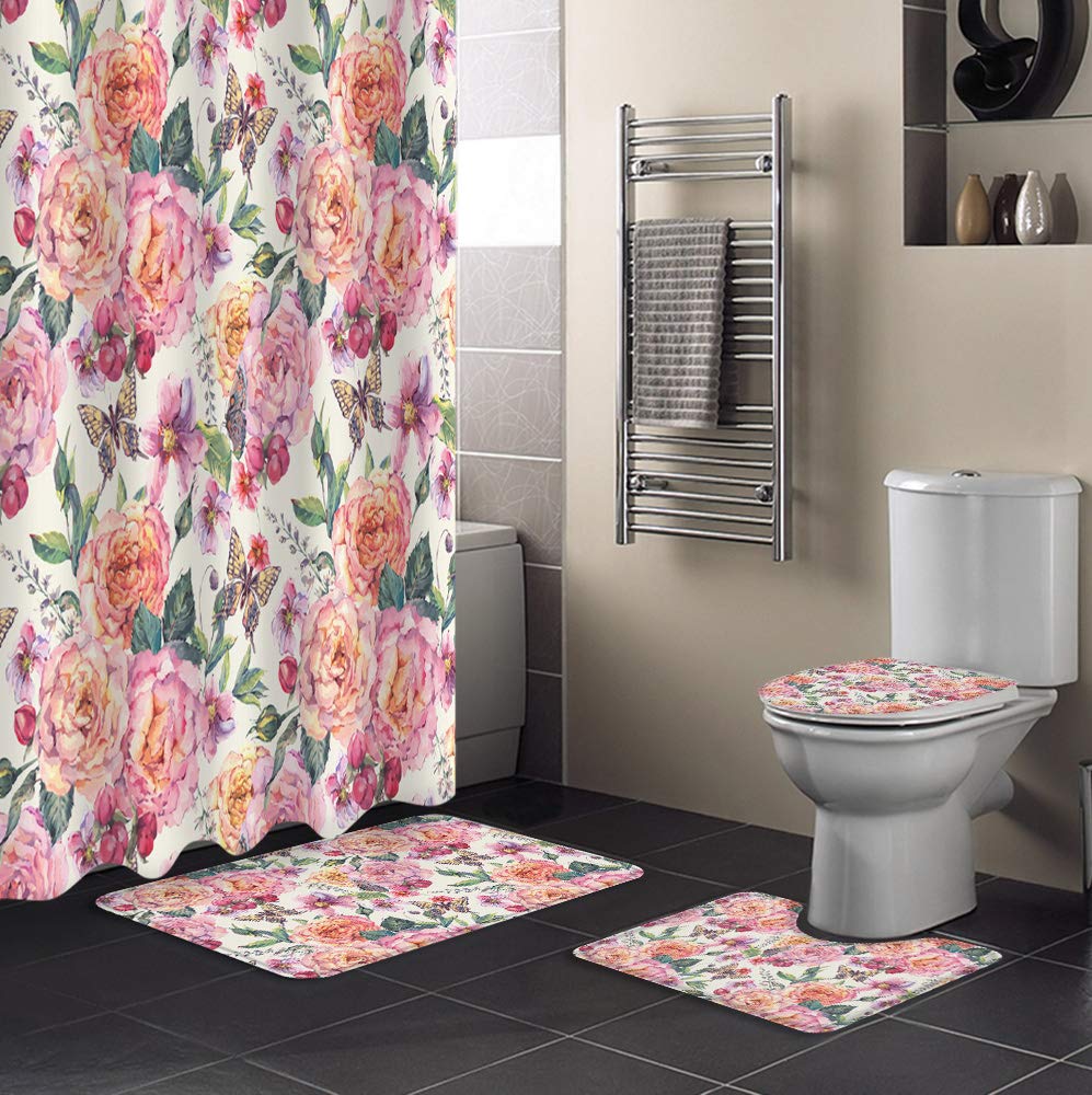 Retro Rose Blooming Butterfly 4-Piece Bathroom Set - Non-Slip Shower Curtain, Toilet Lid Cover & Bath Mat with Matching Rugs | Waterproof & Stylish for Tub & Shower | Perfect for Vintage-Themed Bathrooms & Gift Giving
